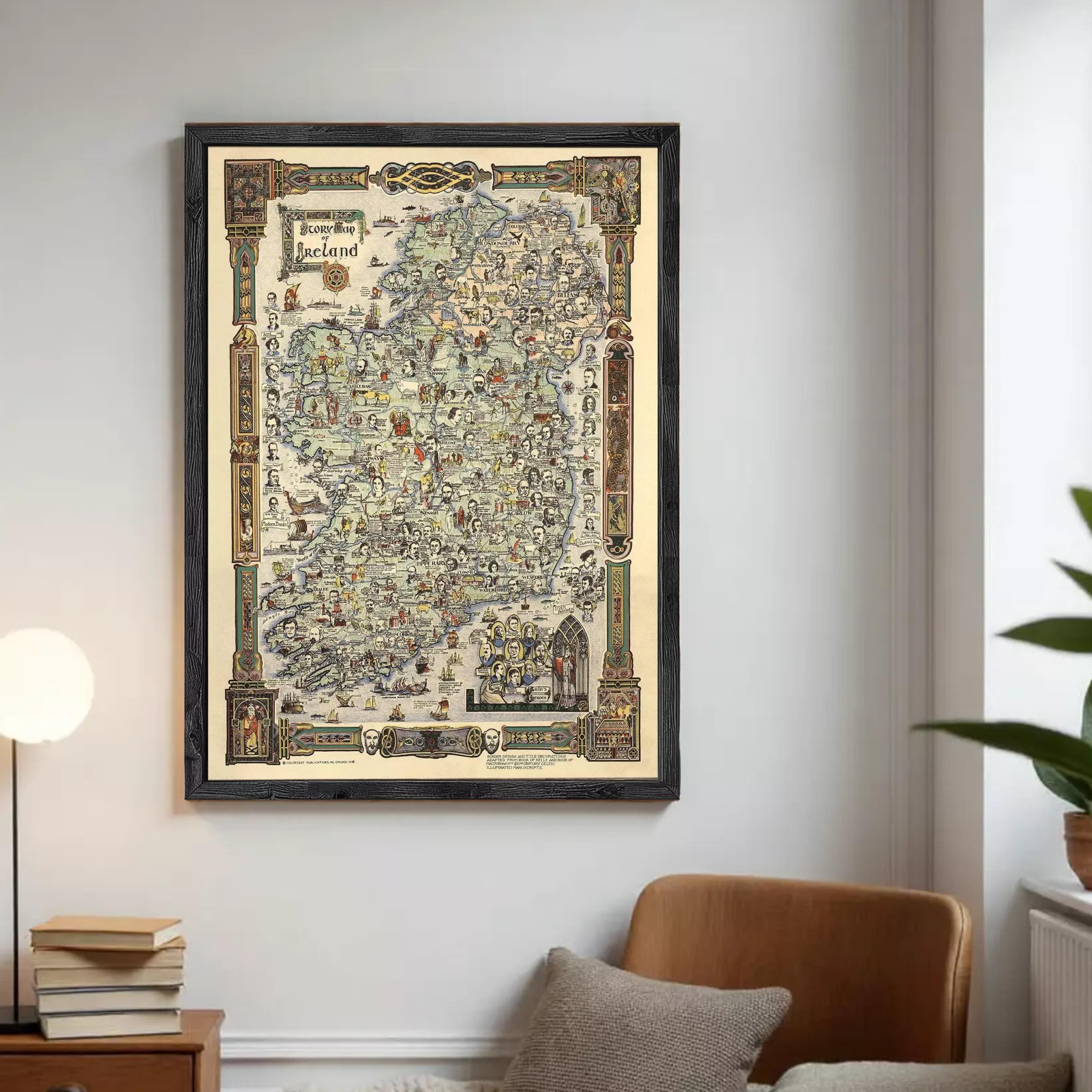 The image is a framed map of Ireland, featuring various landmarks and geographical features.