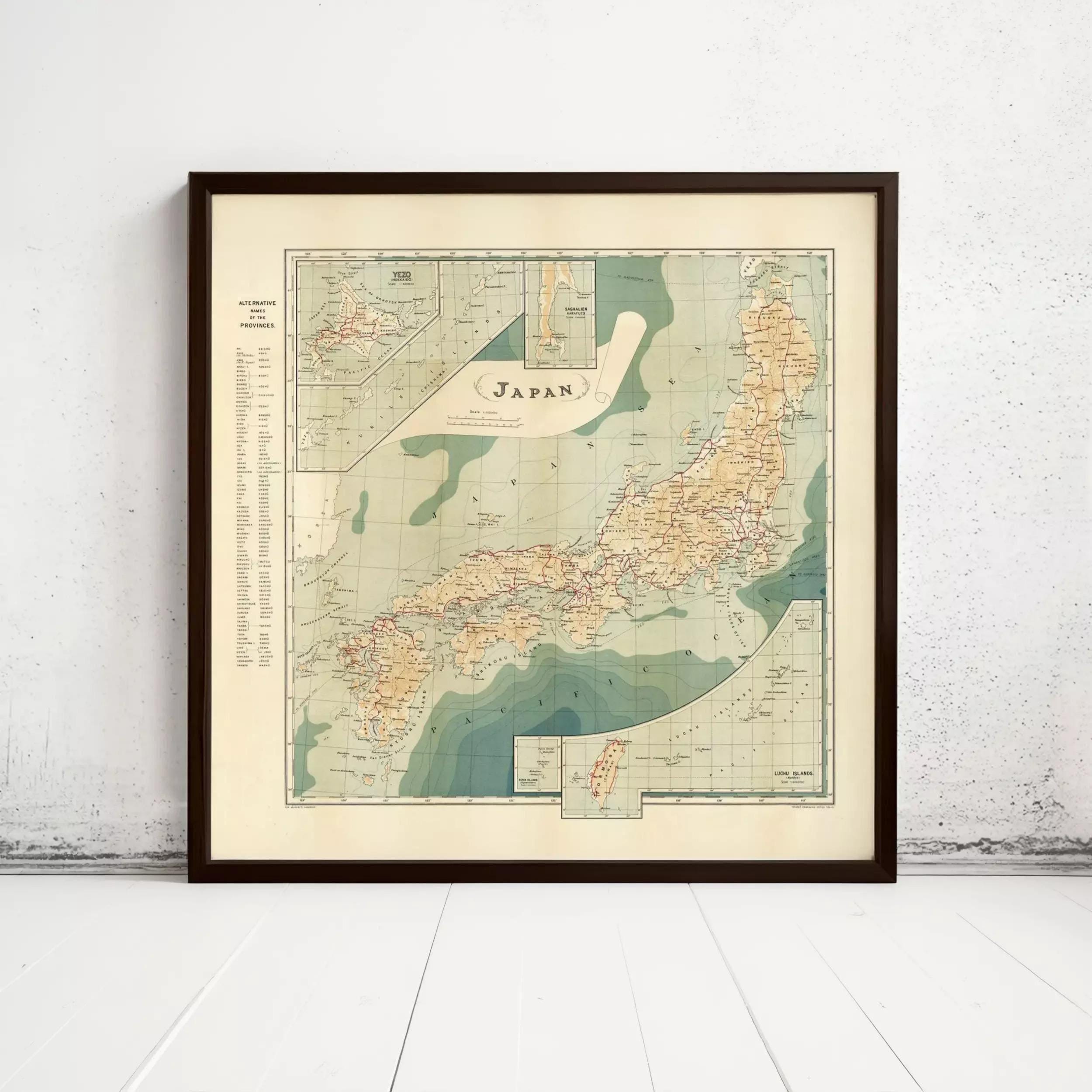 The image is a framed vintage map of Japan, depicting the country's geographical layout and surrounding areas.