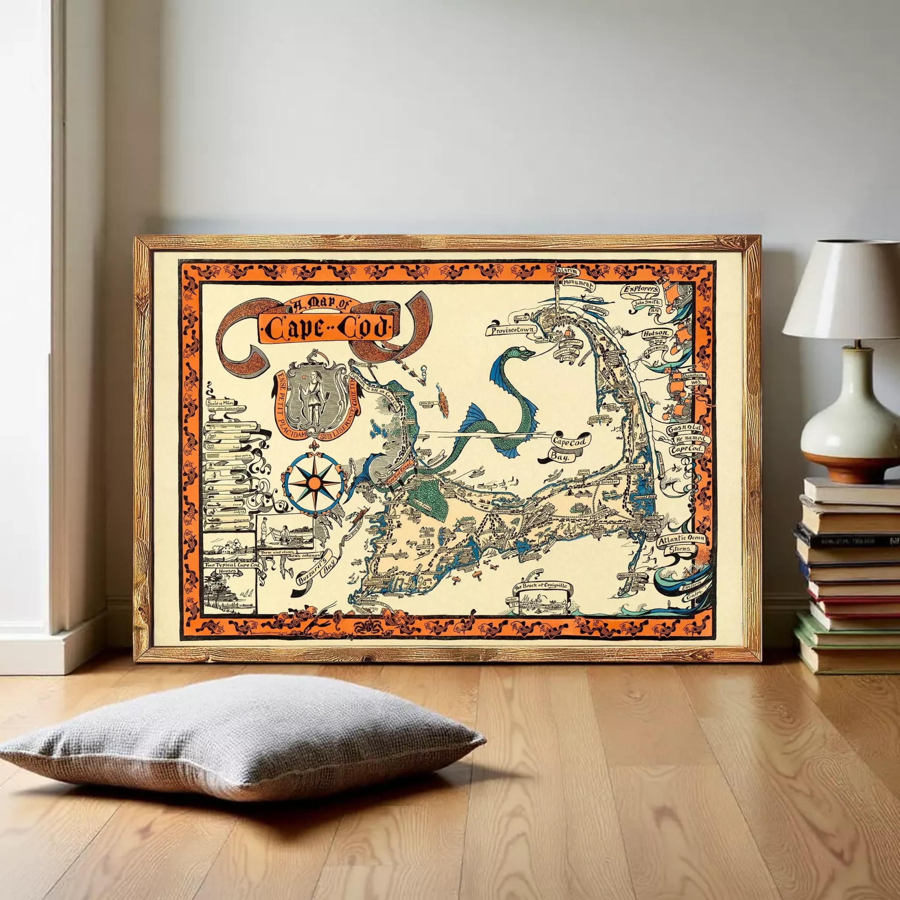 The image is a framed vintage map of Cape Cod, depicting the area in a detailed and colorful manner.