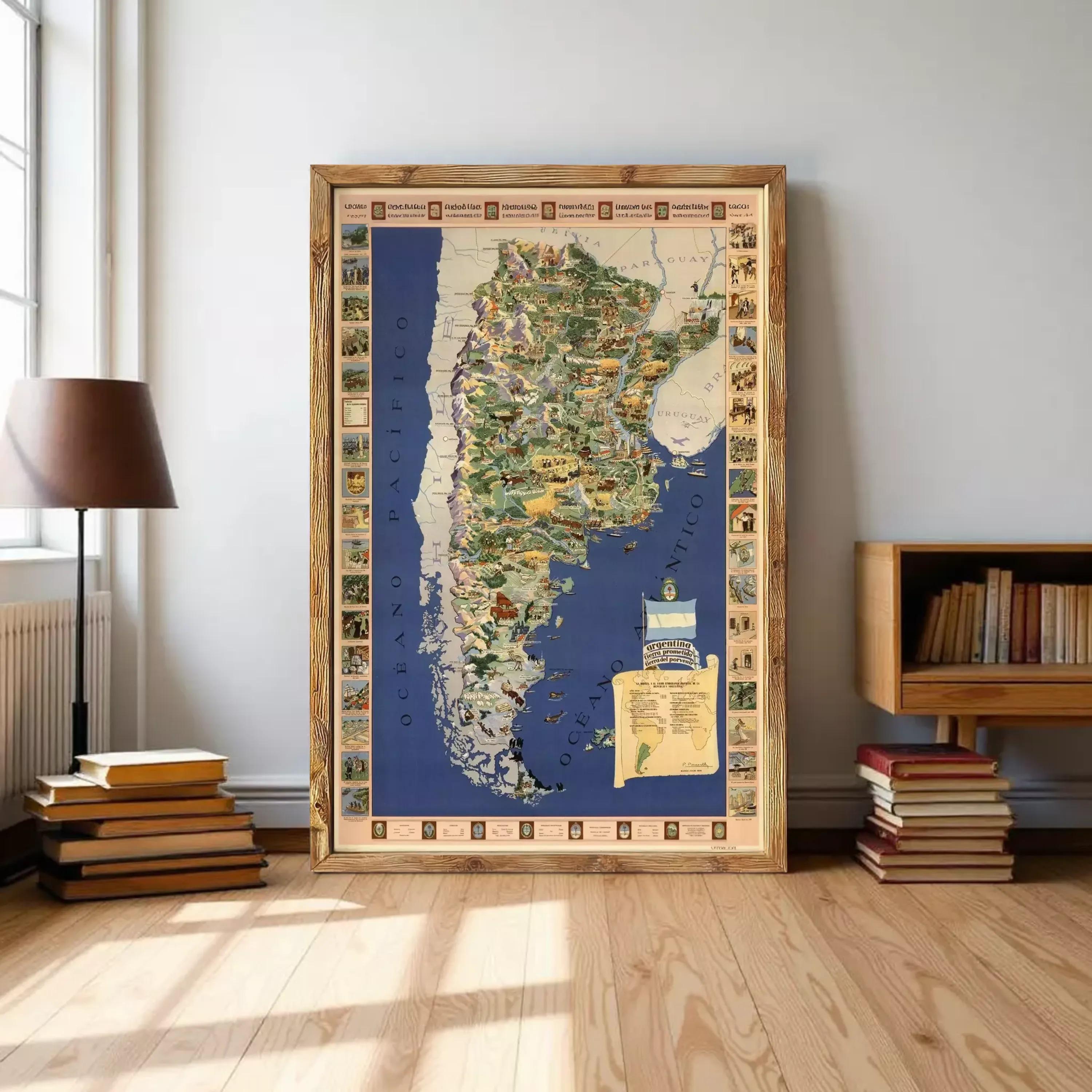 a large framed map of Argentina, with various landmarks and locations marked on it. The map is displayed on a wall in a room with a bookshelf and a lamp.