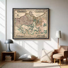 The image is a framed vintage map of Europe, depicting various countries and regions with intricate details and labels.
