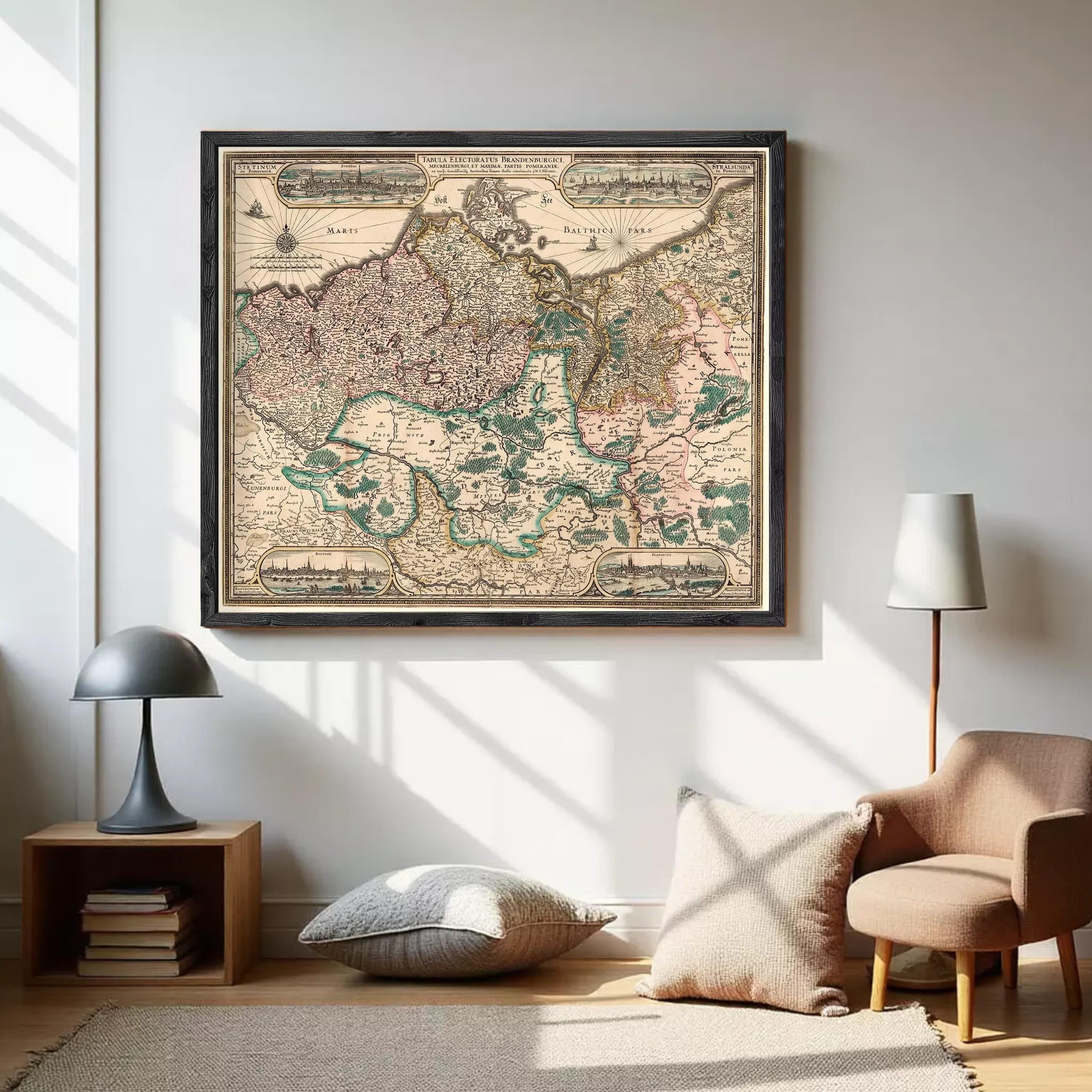 The image is a framed vintage map of Europe, depicting various countries and regions with intricate details and labels.