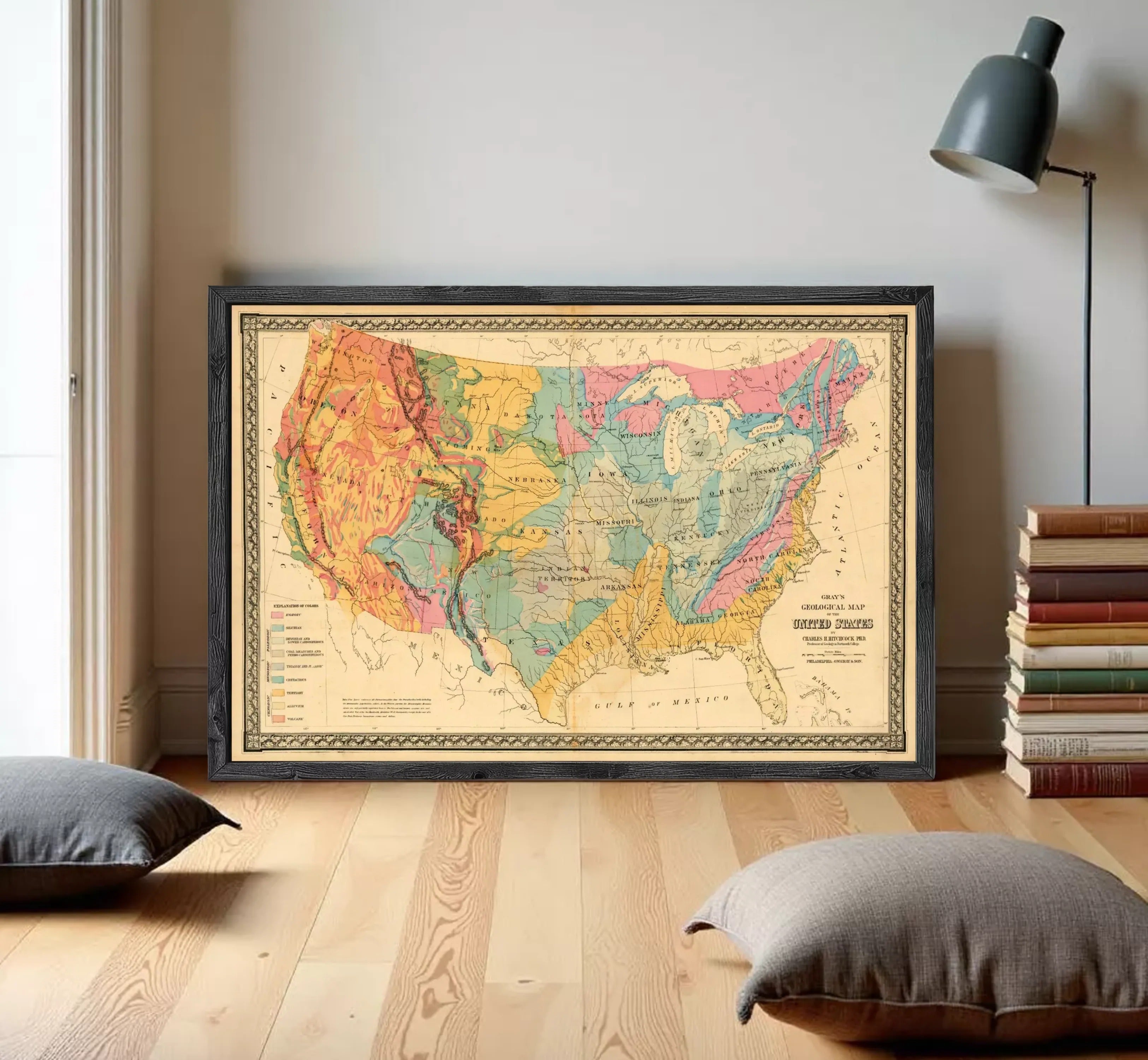 The image is a framed geological map of the United States, depicting the various geological features and regions of the country.