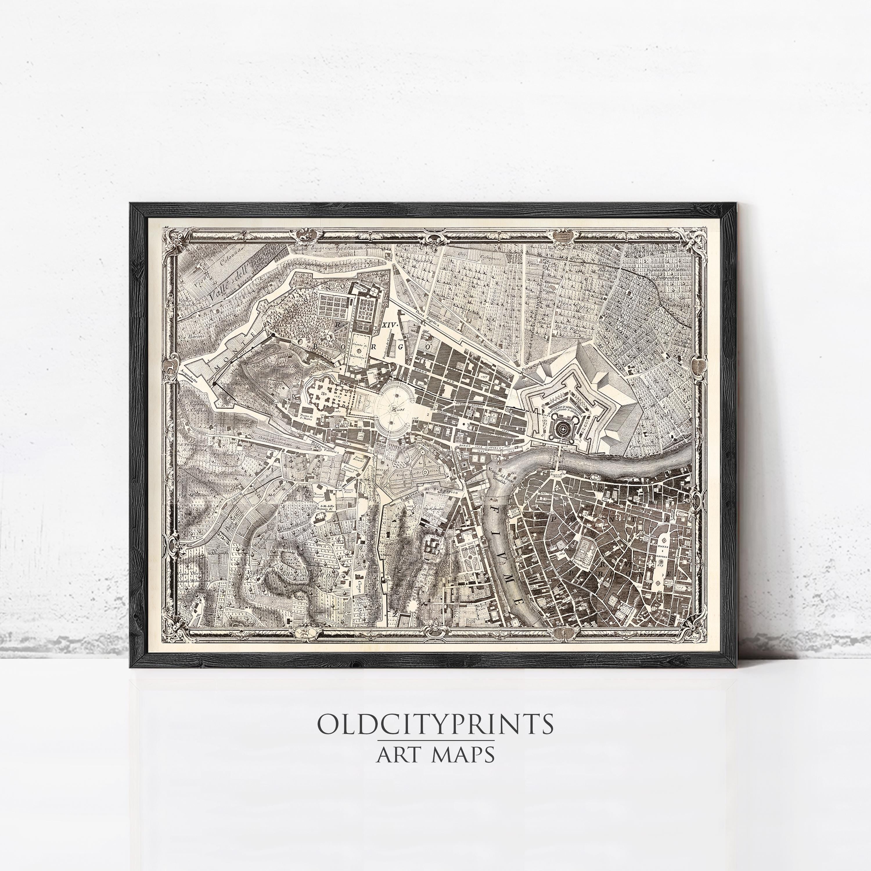 The image is a framed antique map of a city, likely from the past, with intricate details and a vintage appearance.
