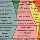 The image is a colorful map depicting the Indo-Scythian Empire, which was founded by the Tochari or Yue-Chi. The map includes various descriptions of the Indo-Scythian Empire, such as its wars of succession, the beginning of the Vikram era, and its trade with China and Roman Empire. The map is a collage of different images, and the text is limited to 500 characters, avoiding redundancy and ensuring clarity.