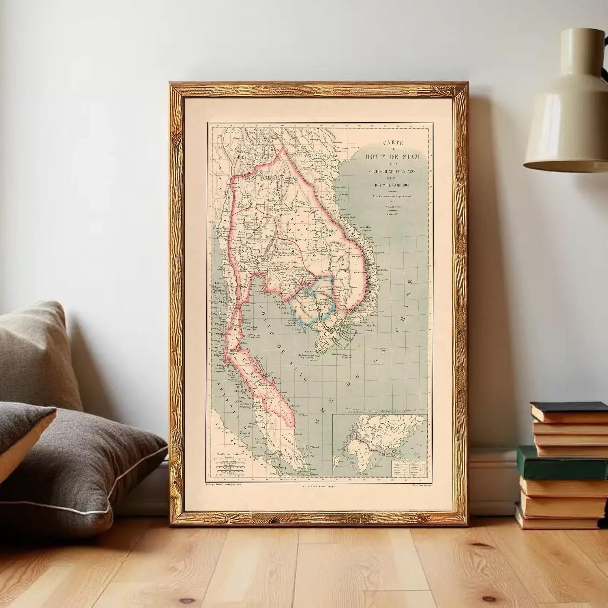 The image is a framed vintage map of Southeast Asia, depicting the countries and regions of the region.