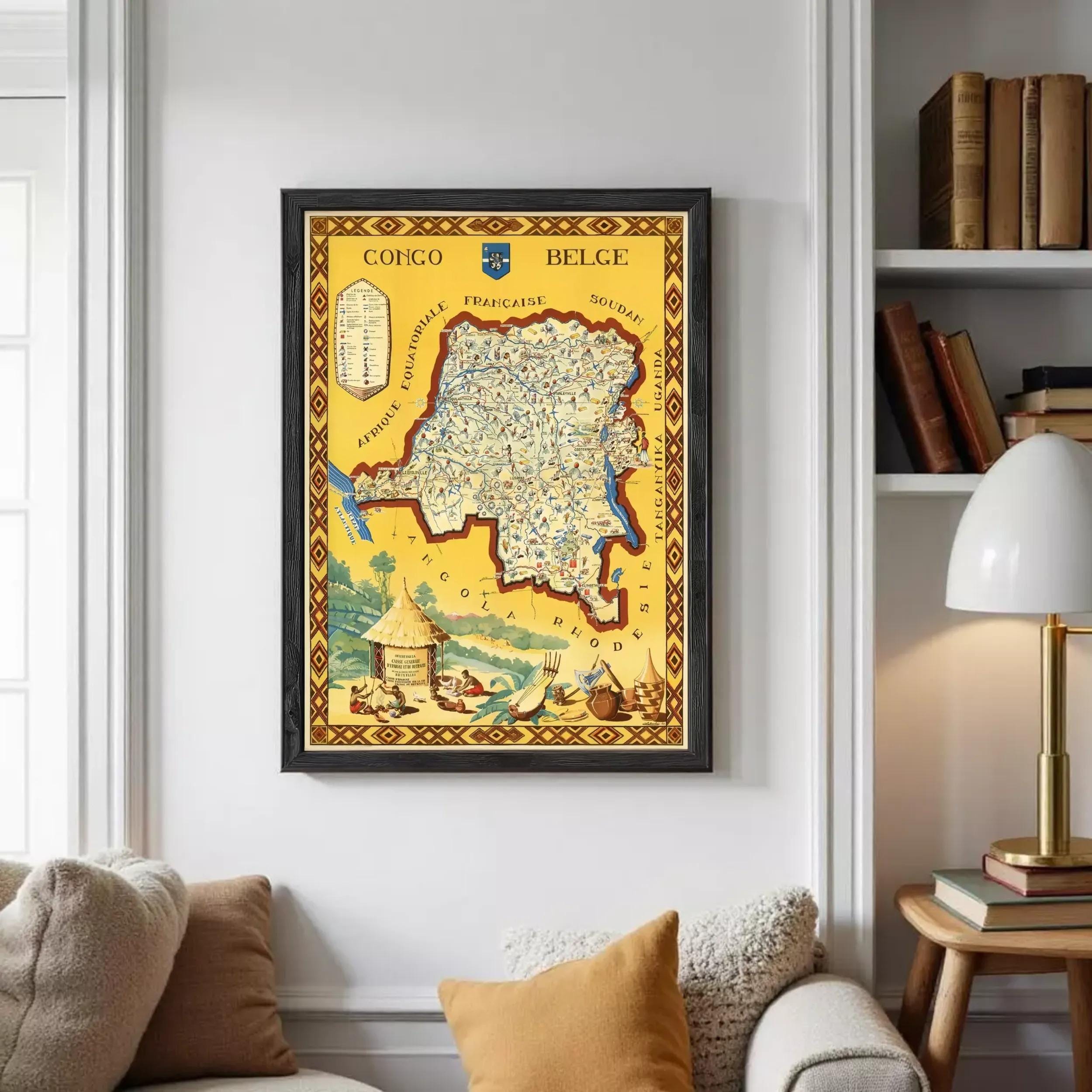 The image is a framed map of the Congo, Belgium, France, and Soudan, with a yellow and red color scheme.