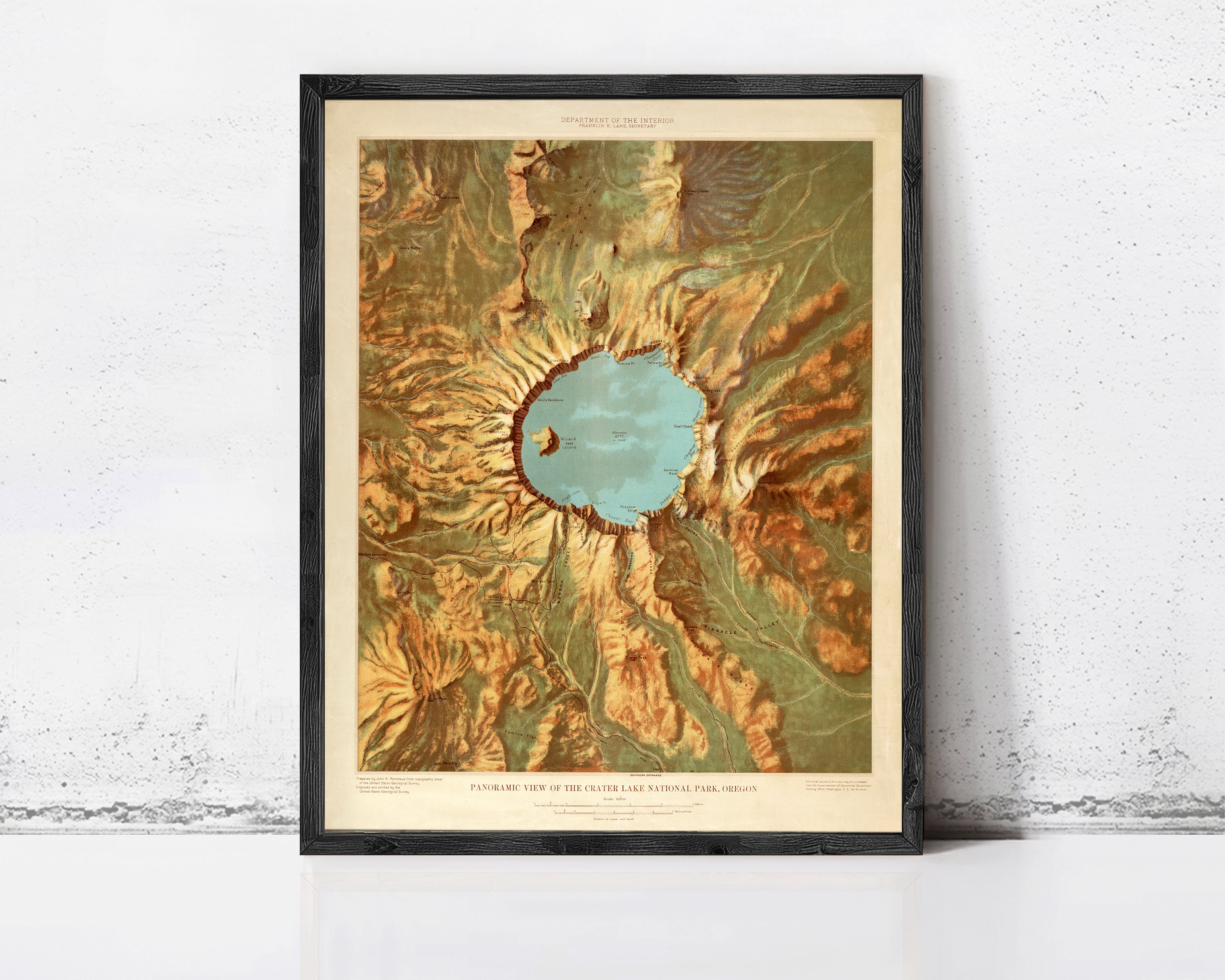 The image is a framed map of the Yellowstone National Park, Oregon, depicting the park's landscape and surrounding areas.