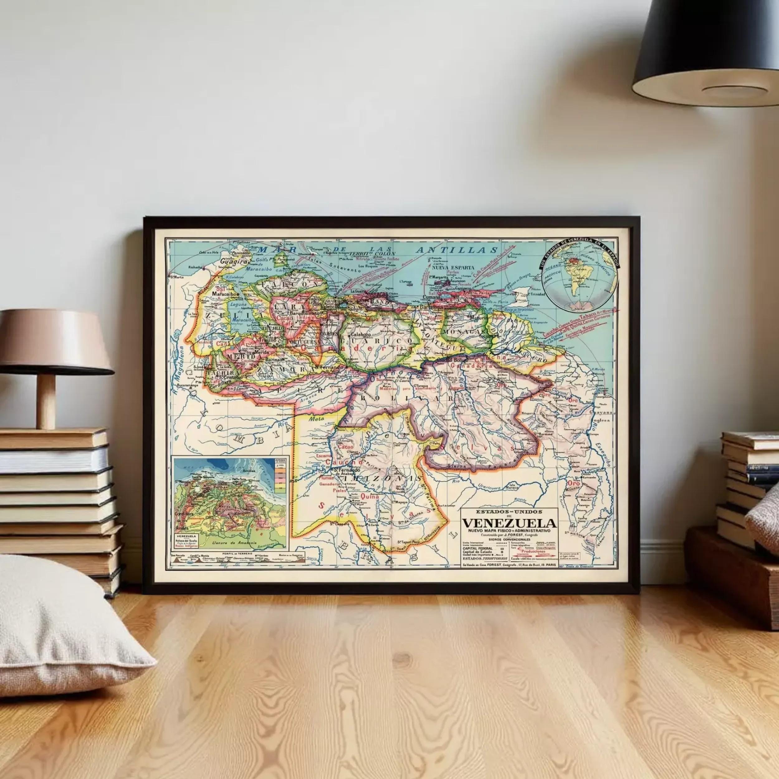 The image is a framed vintage map of Venezuela, depicting the country's geographical layout and surrounding areas.