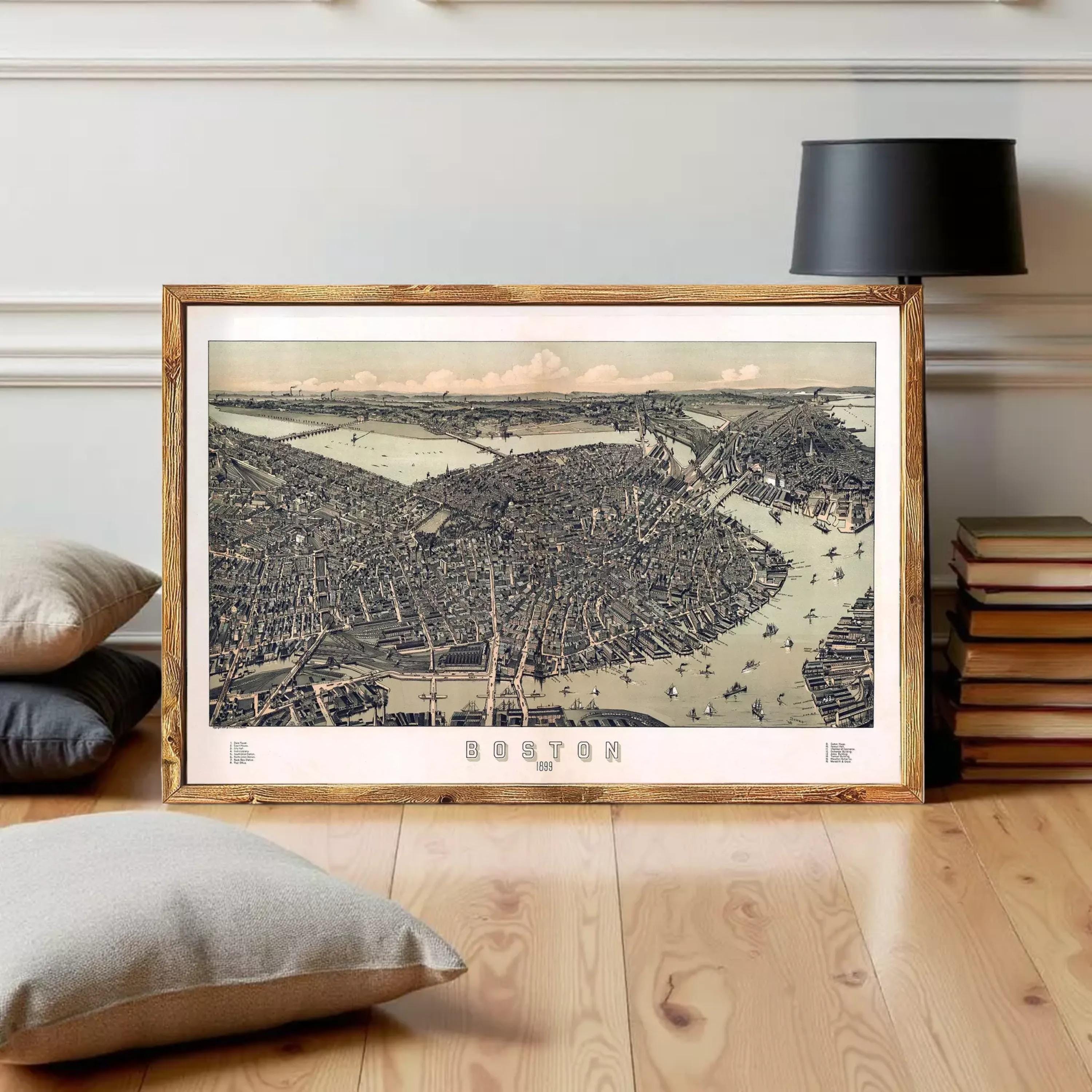 The image is a framed print of a detailed map of Boston, depicting the city's layout and surrounding areas.