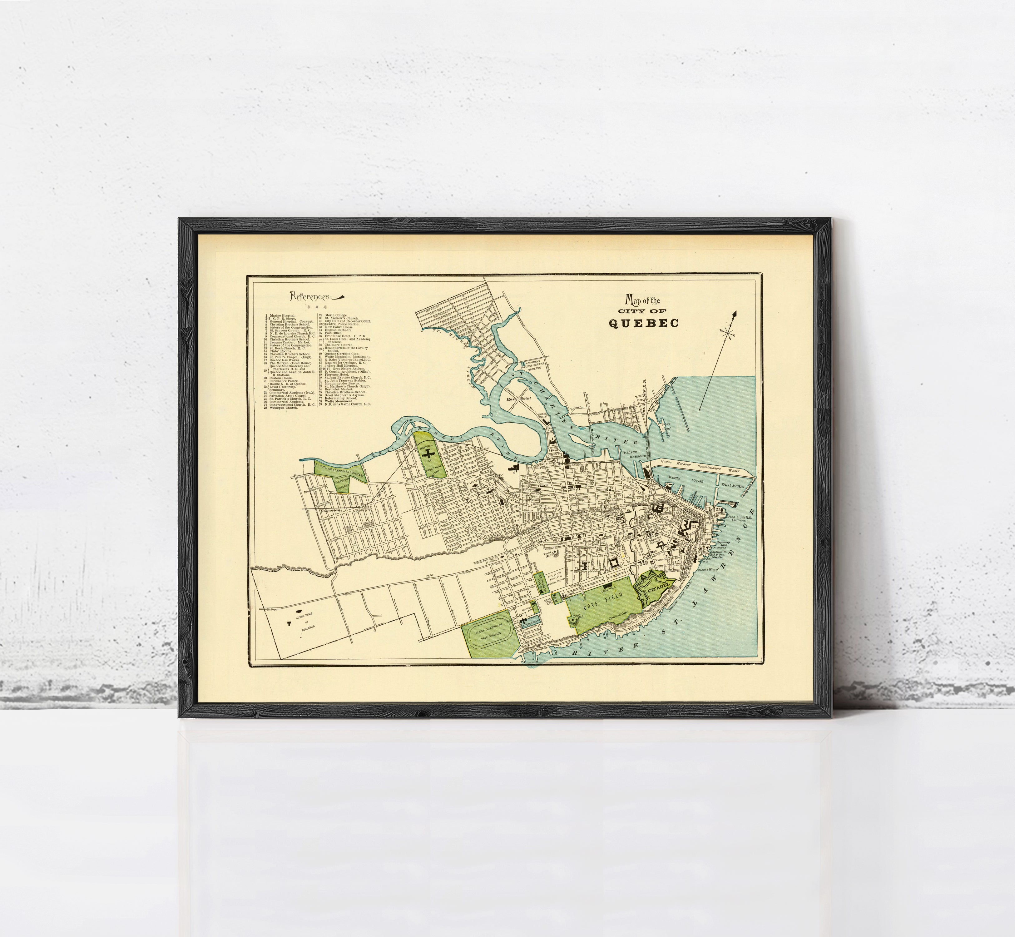 The image is a framed vintage map of the city of Montreal, Quebec, Canada.