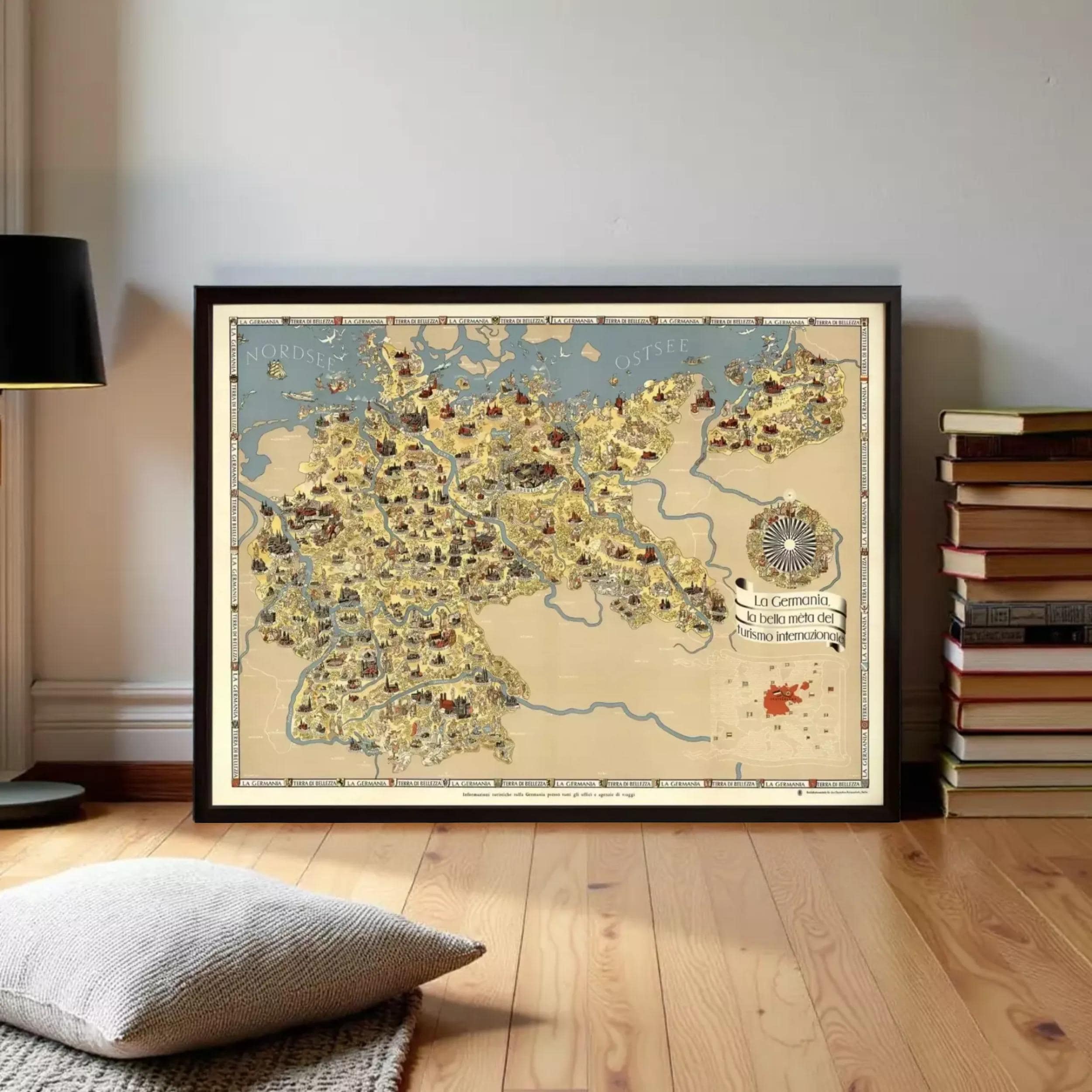 The image is a framed map of Europe, depicting various countries and regions in a detailed and colorful manner.