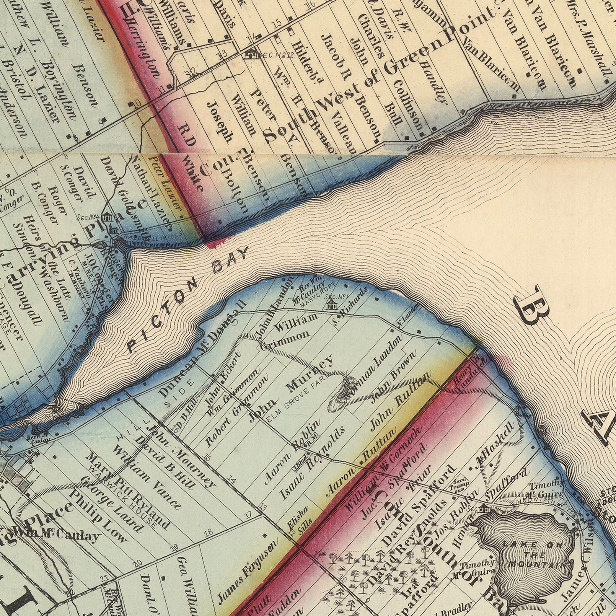 The image is a historical map showing a river or bay with various geographical features and labels.