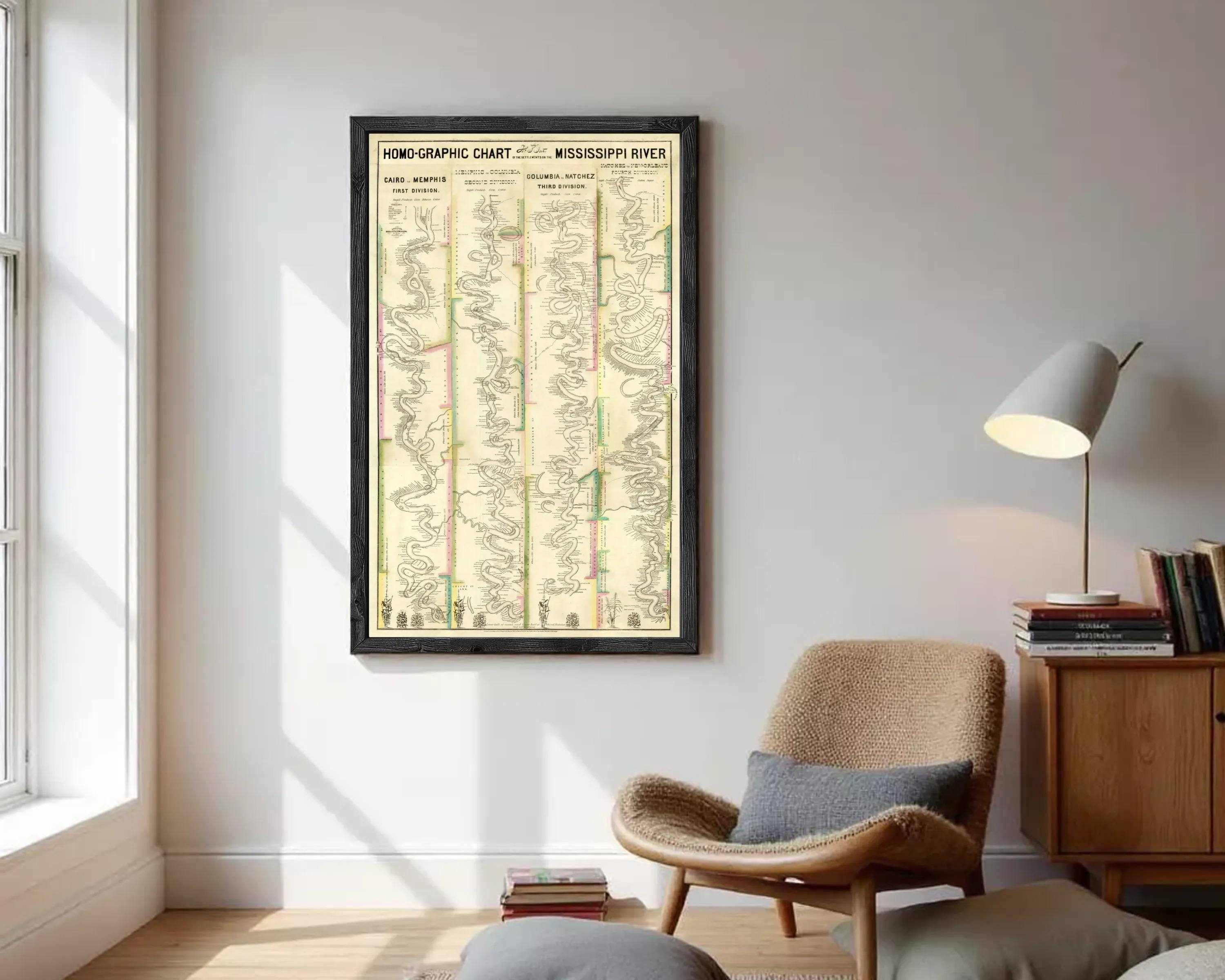 The image is a framed vintage map of the Mississippi River, depicting various rivers and waterways in a detailed and colorful manner.