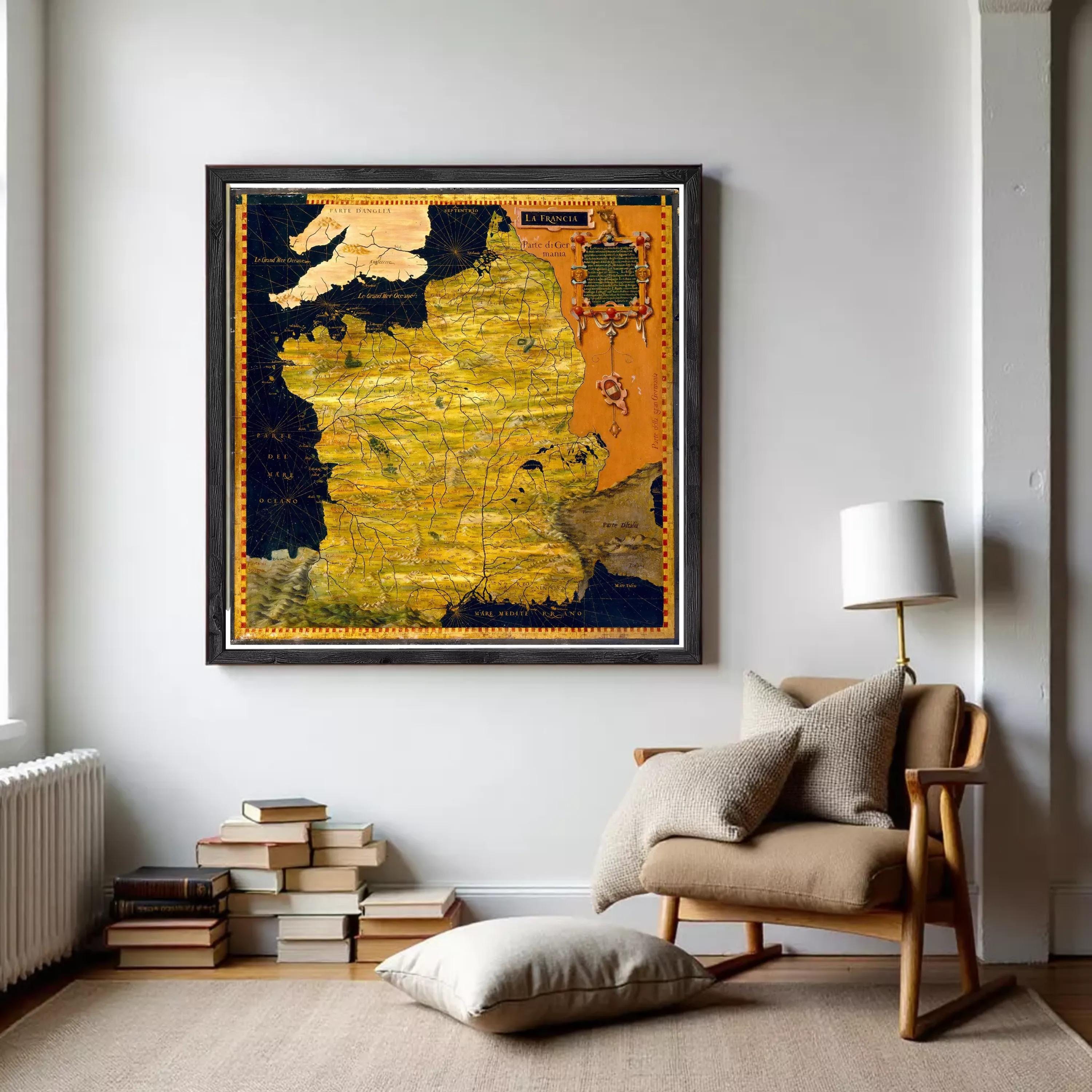 The image is a framed map of France, with a black border and a colorful, detailed map of the country.