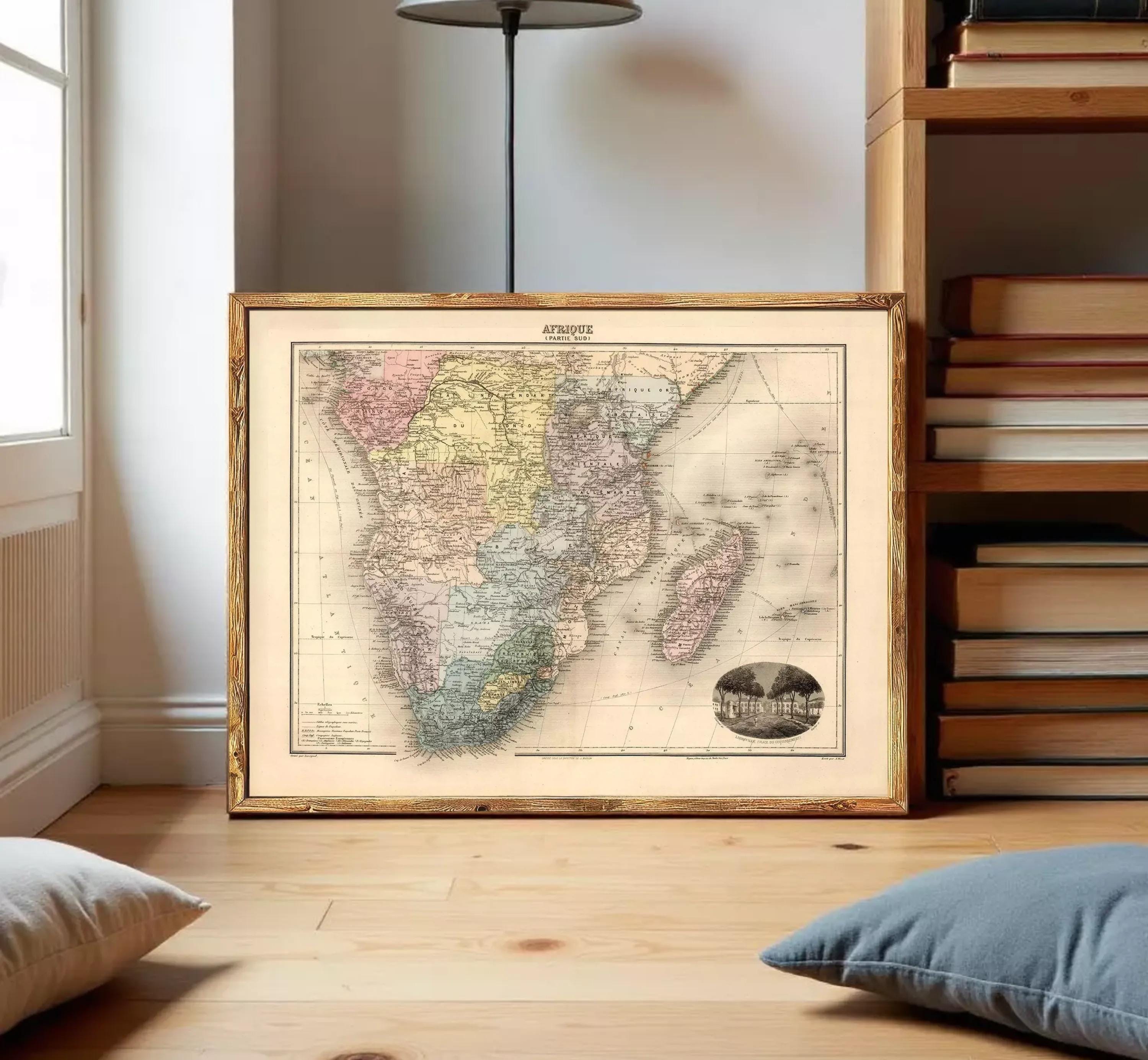 The image is a framed vintage map of Africa, depicting the continent in a detailed and colorful manner.