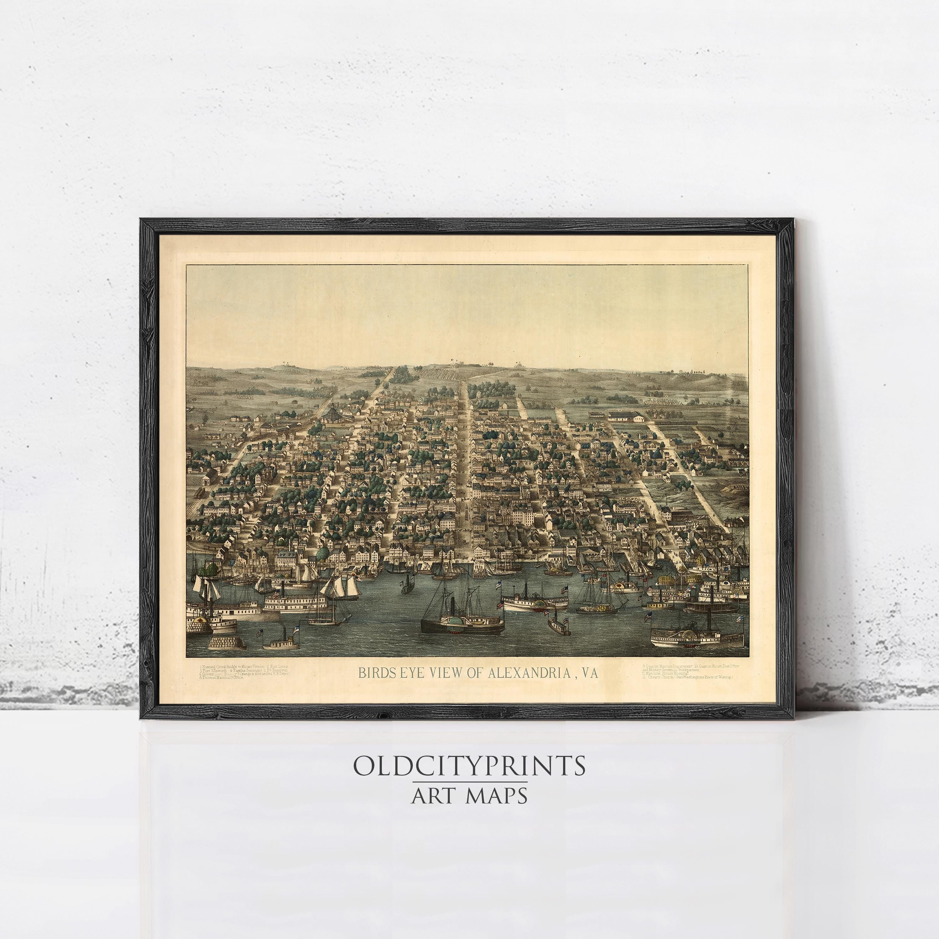 The image is a framed print depicting a bird's eye view of a city, likely Alexandria, Virginia.