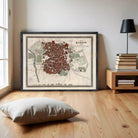 The image is a framed map of Madrid, Spain, depicting the city's layout and surrounding areas.
