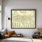 The image is a framed vintage map of the Atlantic City, New Jersey, depicting the city's streets, landmarks, and surrounding areas.