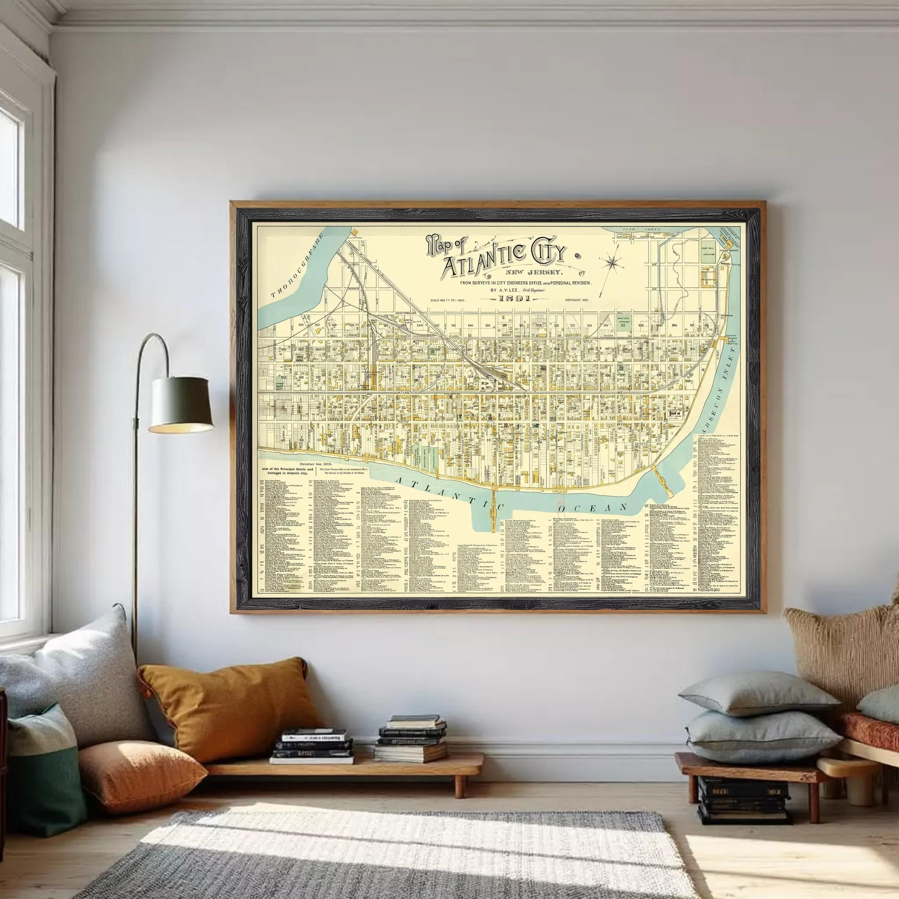 The image is a framed vintage map of the Atlantic City, New Jersey, depicting the city's streets, landmarks, and surrounding areas.