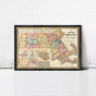 The image is a framed vintage map of Massachusetts, depicting the state's geographical layout and boundaries.