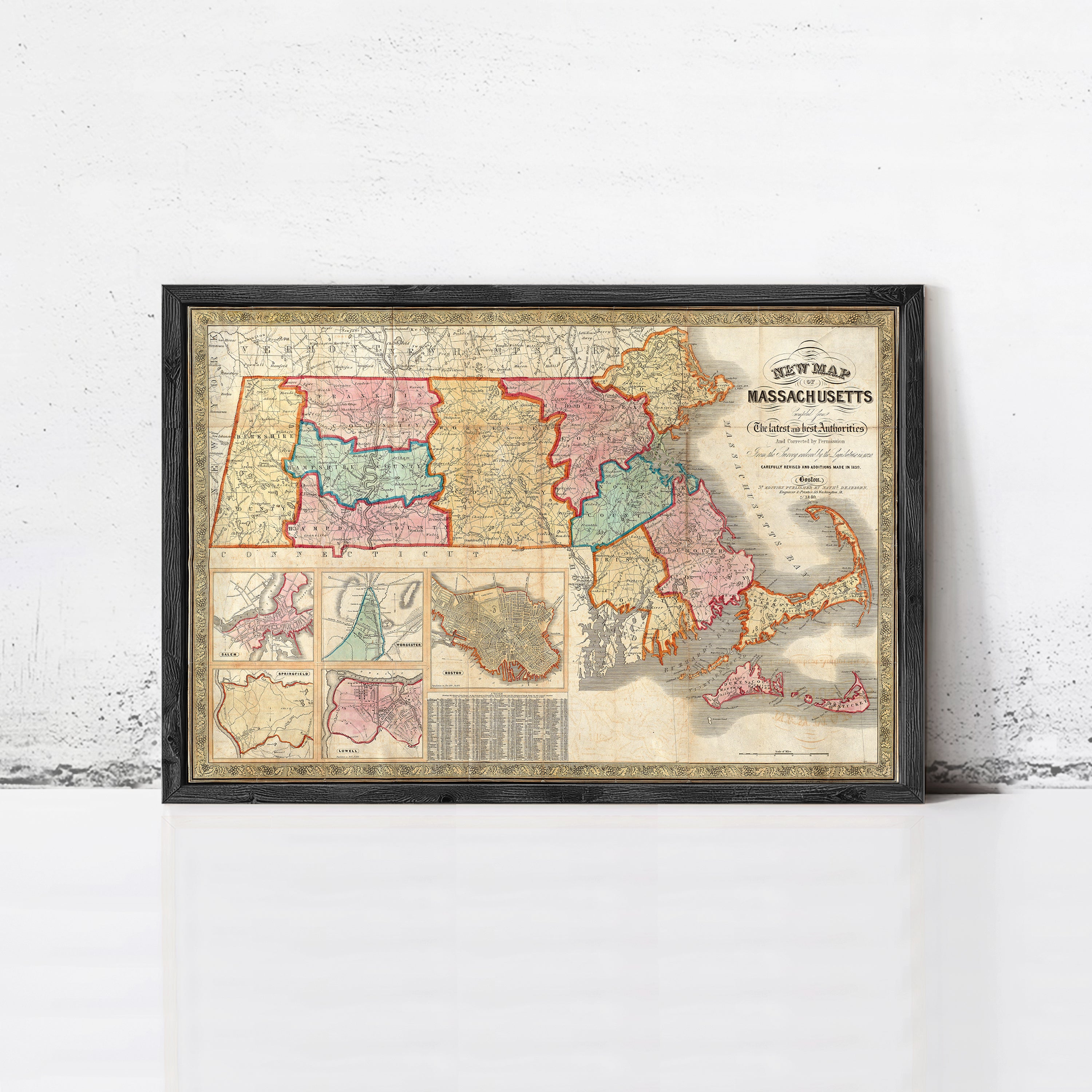 The image is a framed vintage map of Massachusetts, depicting the state's geographical layout and boundaries.