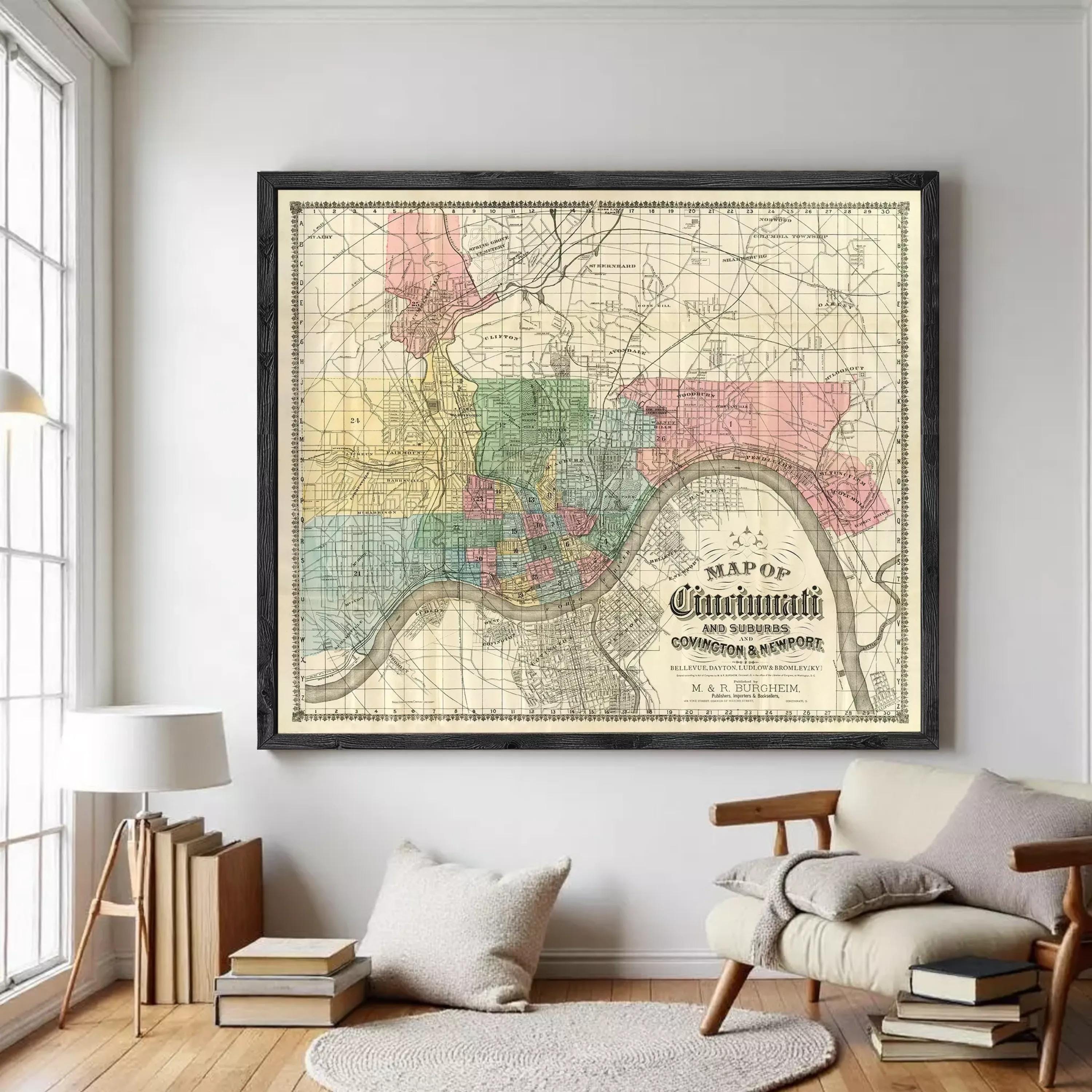 The image is a framed vintage map of Cincinnati, Ohio, showing the city's streets and neighborhoods.