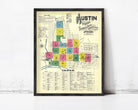 The image is a framed vintage map of Austin, Texas, depicting the city's layout and surrounding areas.