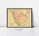 The image is a framed vintage map of the Middle East and North Africa, depicting the region in a detailed and colorful manner.