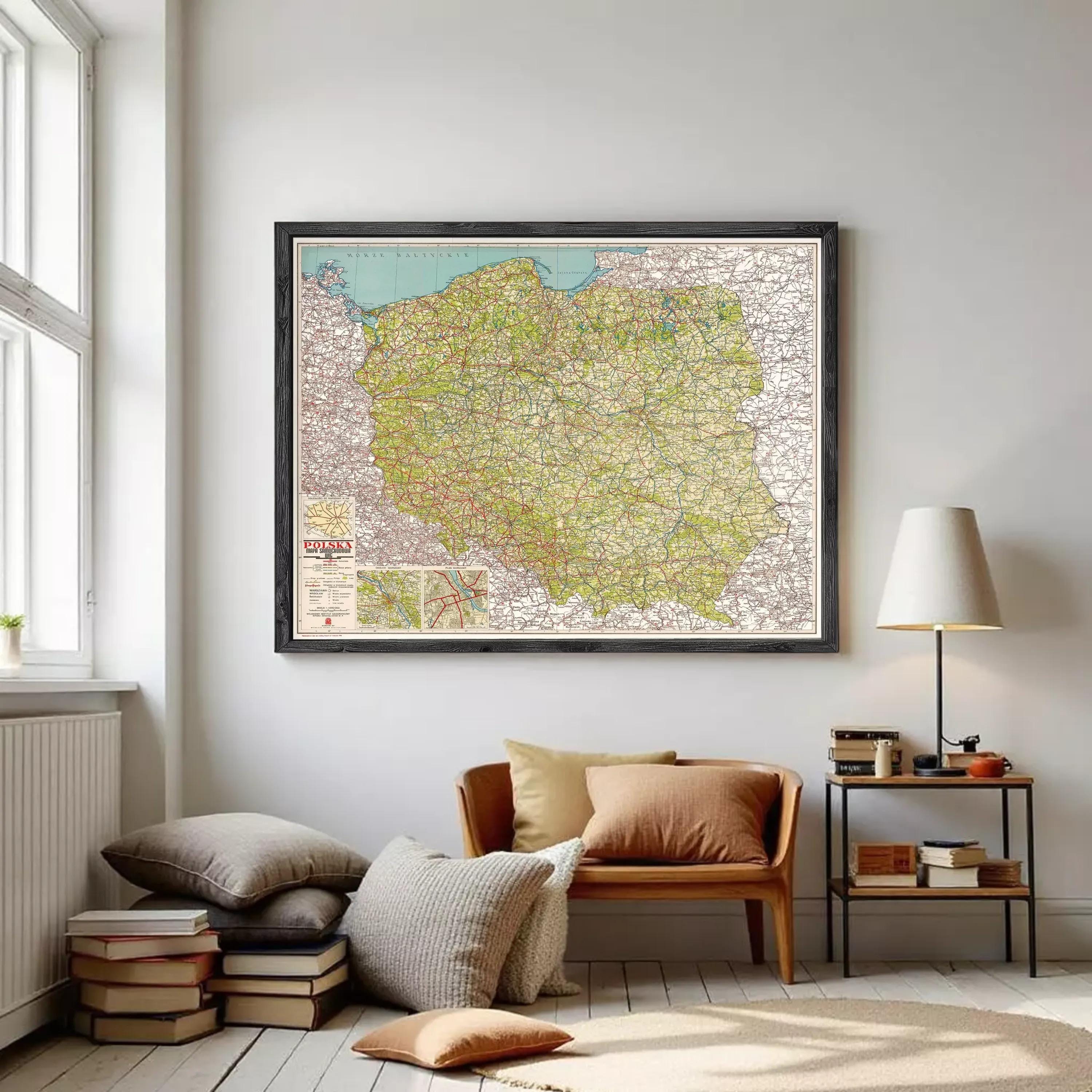 The image is a framed map of Poland, showing the country's roads and geographical layout.