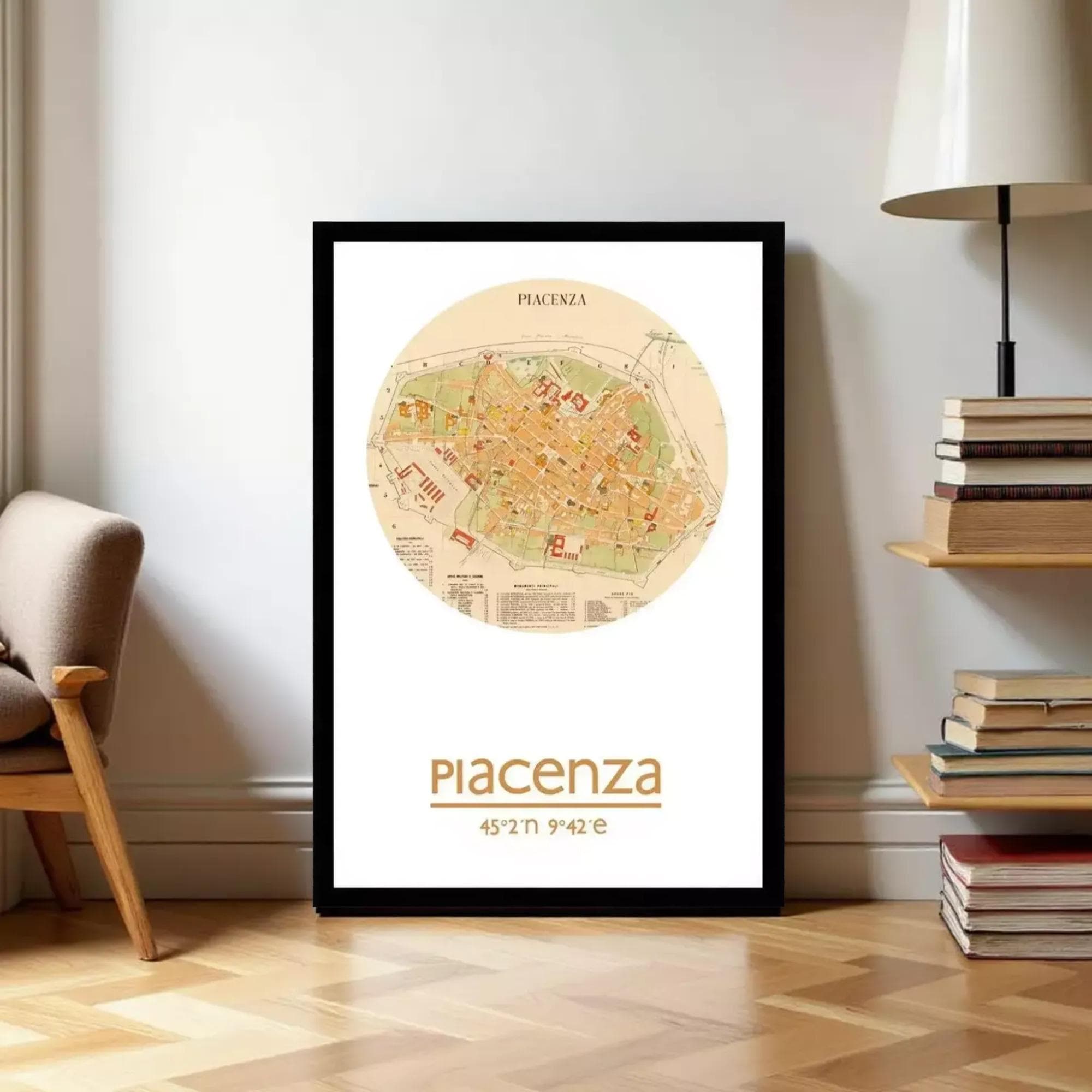 a framed map of Piacenza, Italy, with the text "Piacenza" and "45°N 9°E" printed on it.