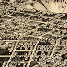 The image is a detailed black and white illustration of a city, depicting a densely populated urban area with numerous buildings, roads, and streets.
