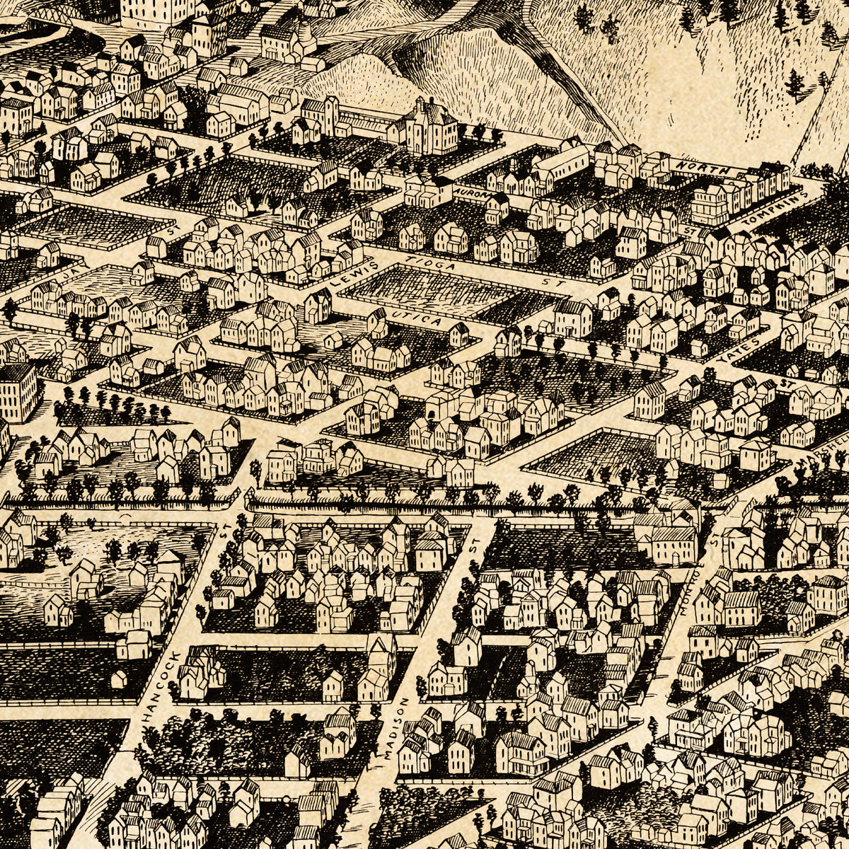 The image is a detailed black and white illustration of a city, depicting a densely populated urban area with numerous buildings, roads, and streets.
