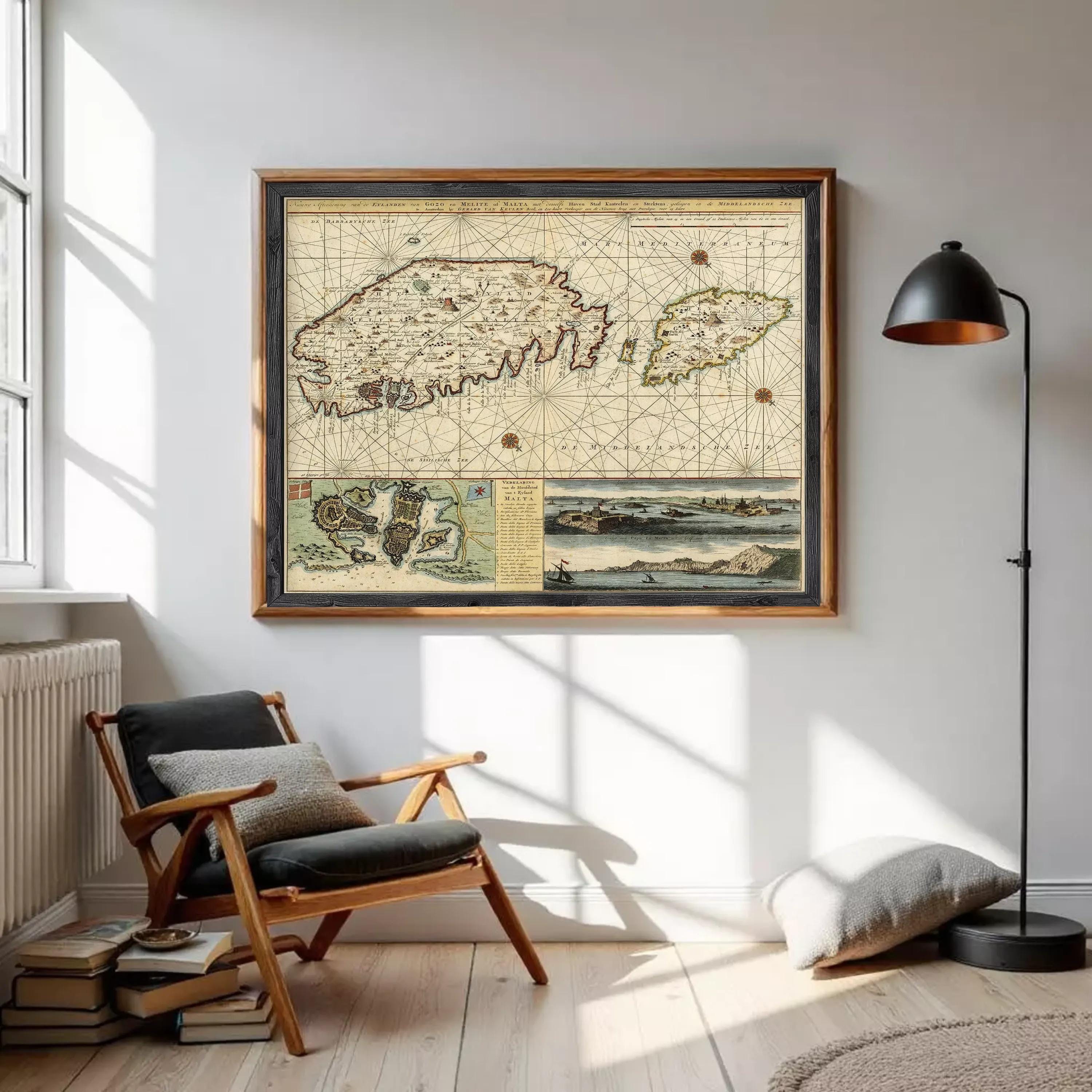 The image is a framed vintage map of the island of Malta, depicting the country's geographical layout and surrounding areas.