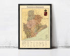 The image is a framed map of the Provincias de Barcelona, Spain, with a coat of arms on the right side.