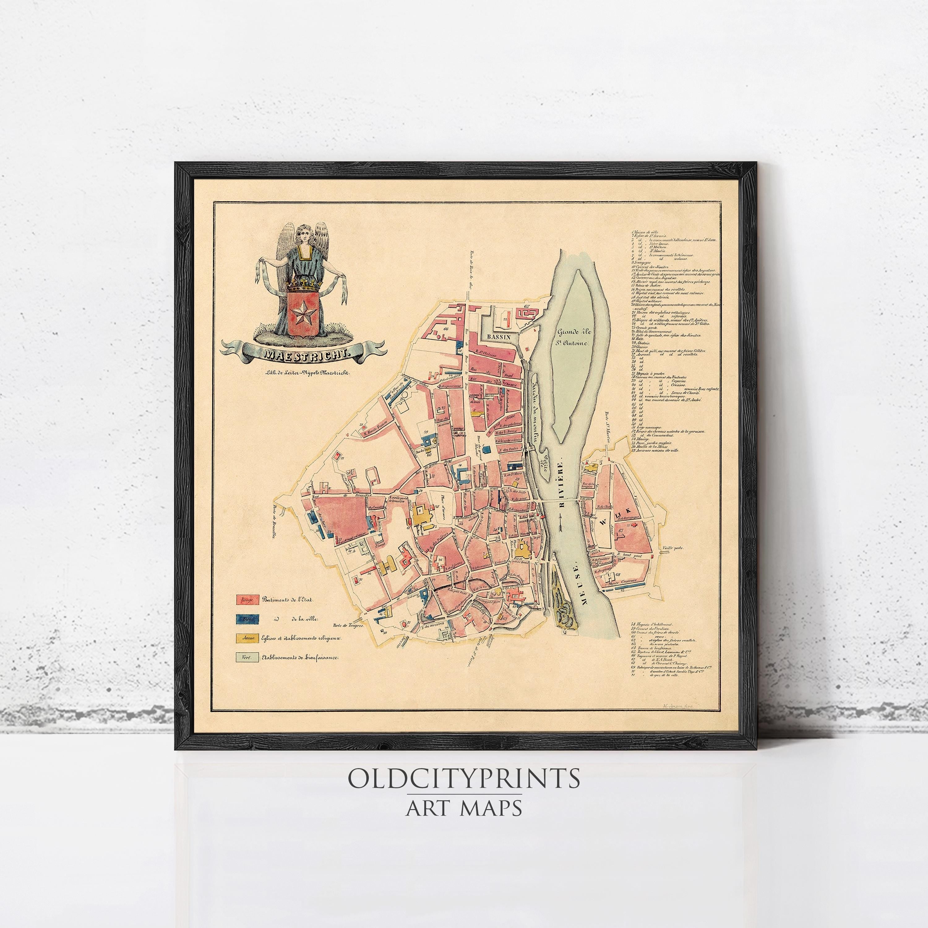 The image is a framed art map of an old city, depicting the layout and various landmarks.