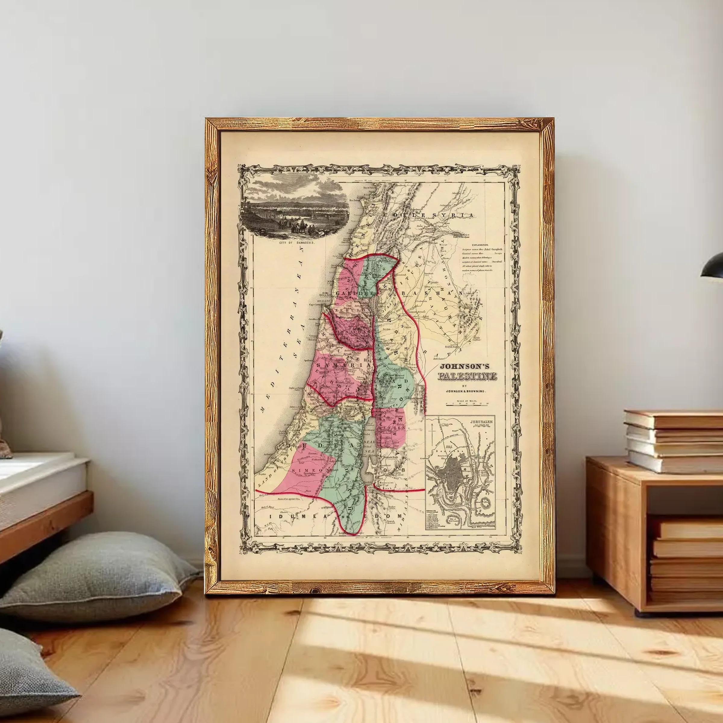 The image is a framed vintage map of the Middle East, depicting the countries and regions of the region.