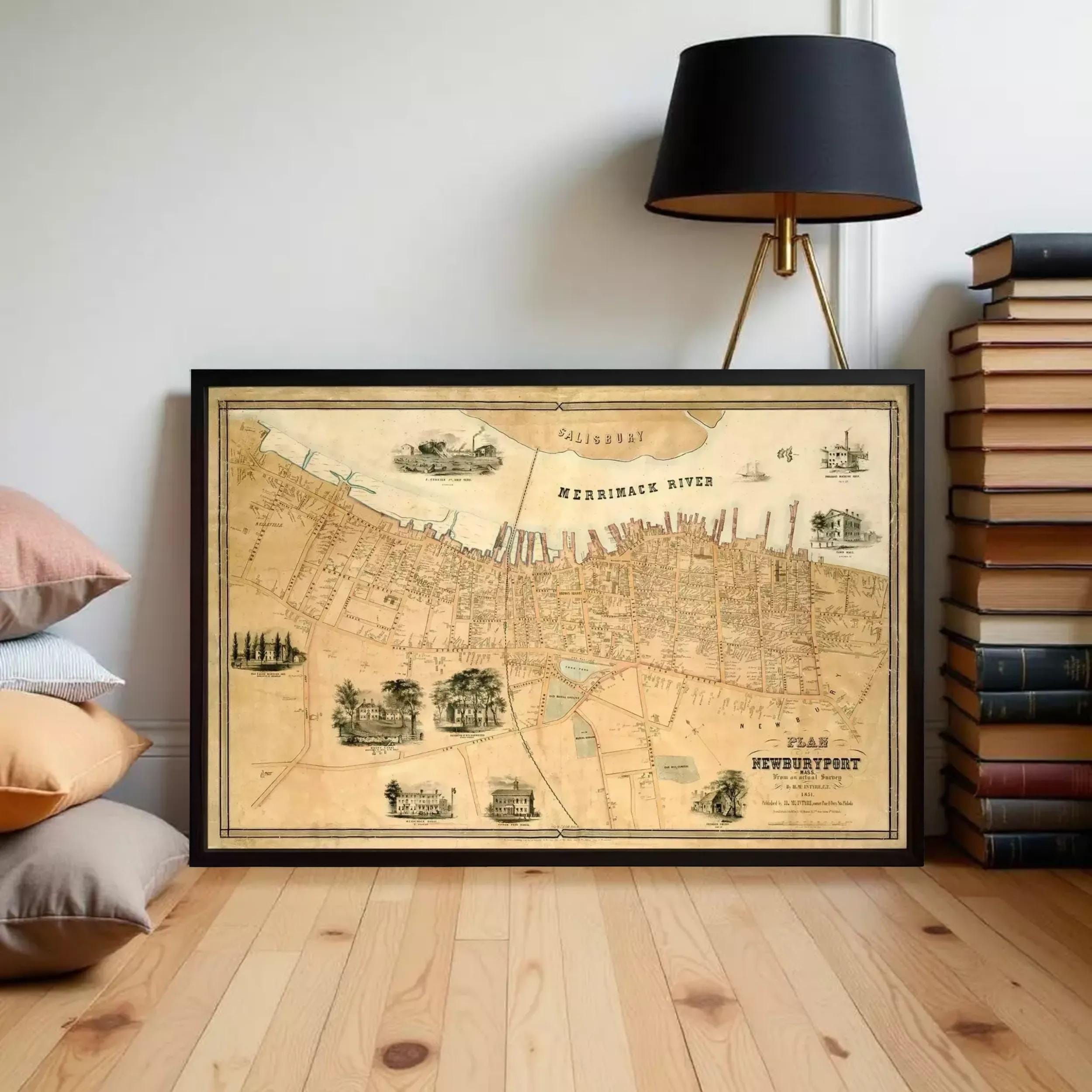 The image is a framed antique map of New London, Connecticut, showing the layout of the city and surrounding areas.