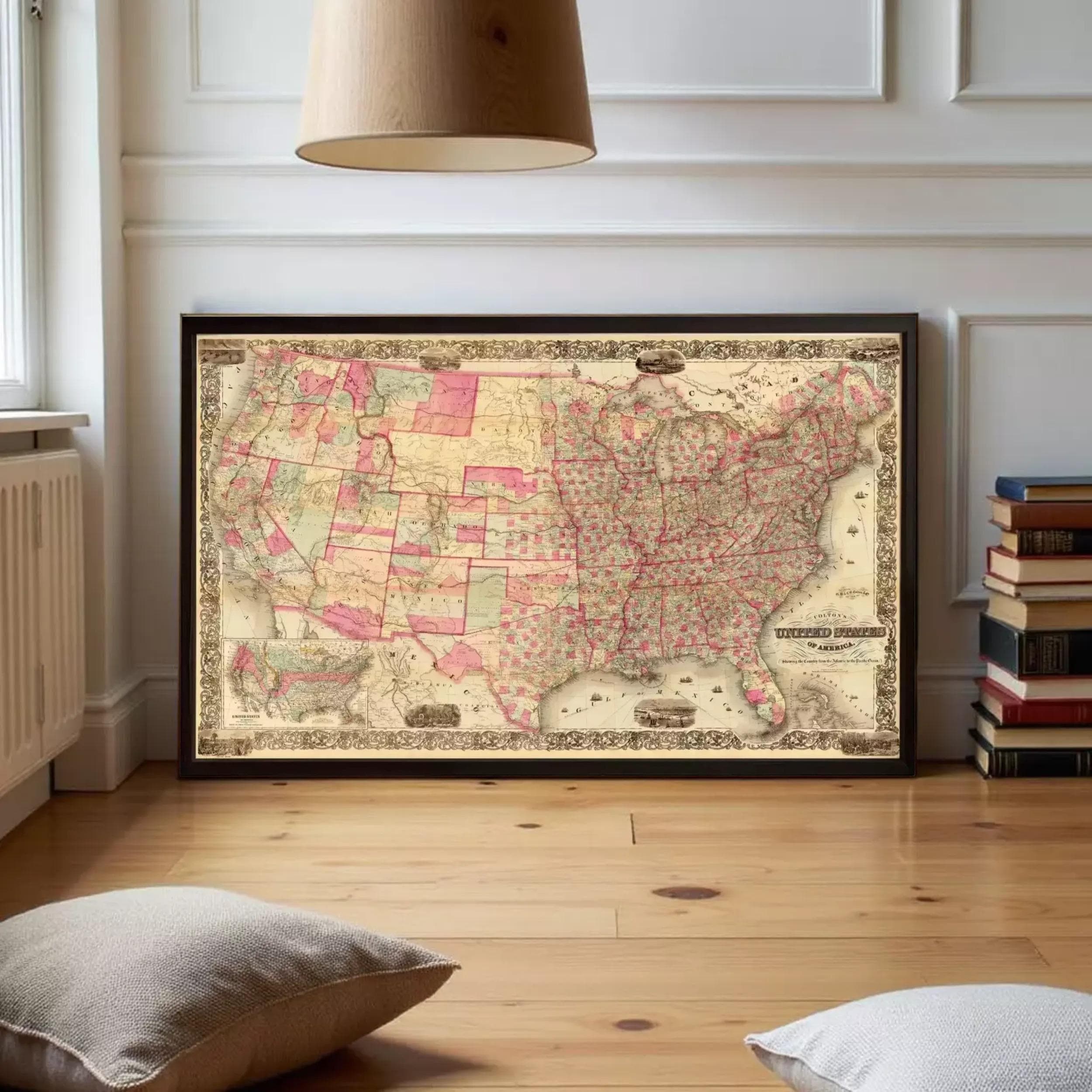 a large framed map of the United States, with a wooden floor and a bookshelf in the background.