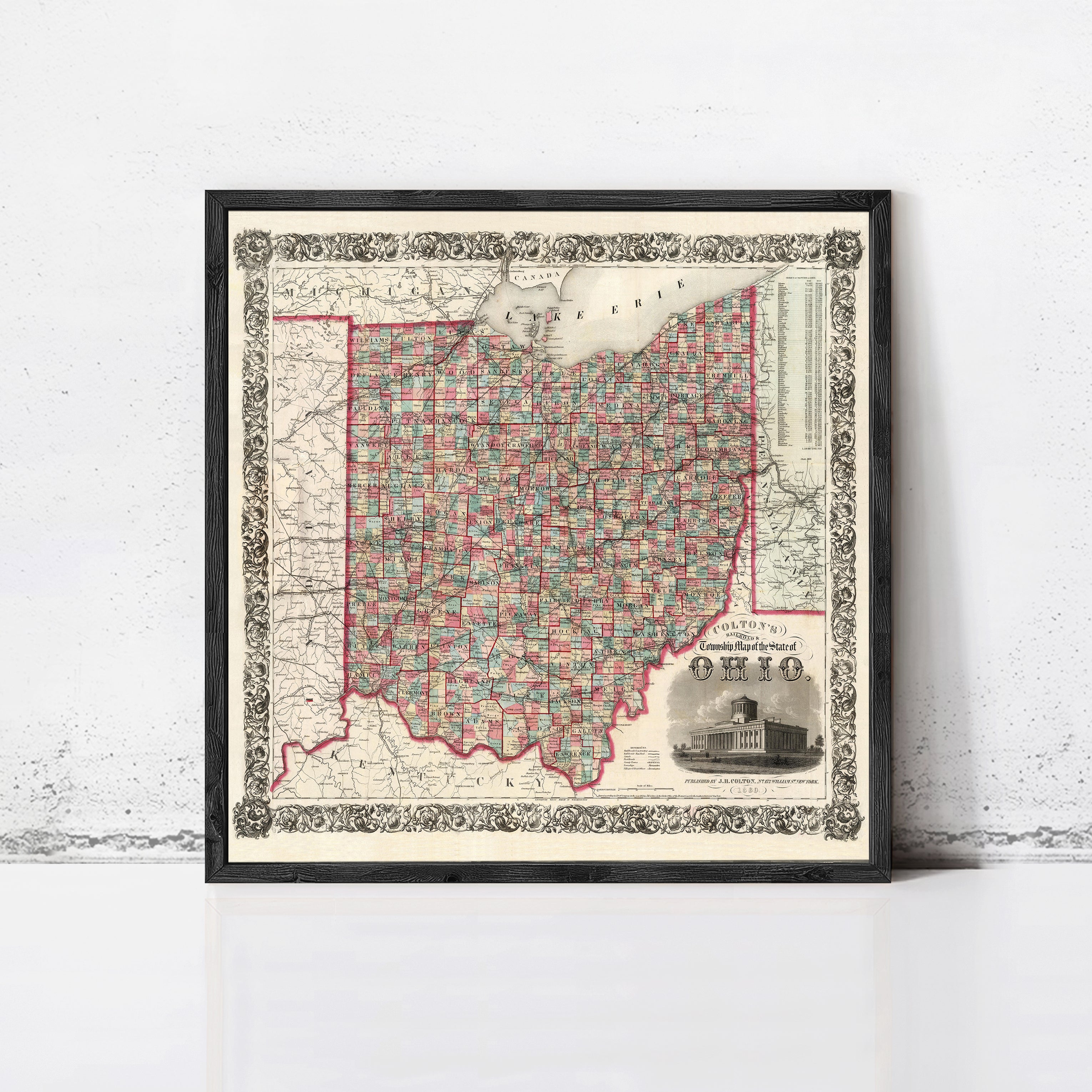 The image is a framed map of Ohio, showing the state's geographical layout and boundaries.