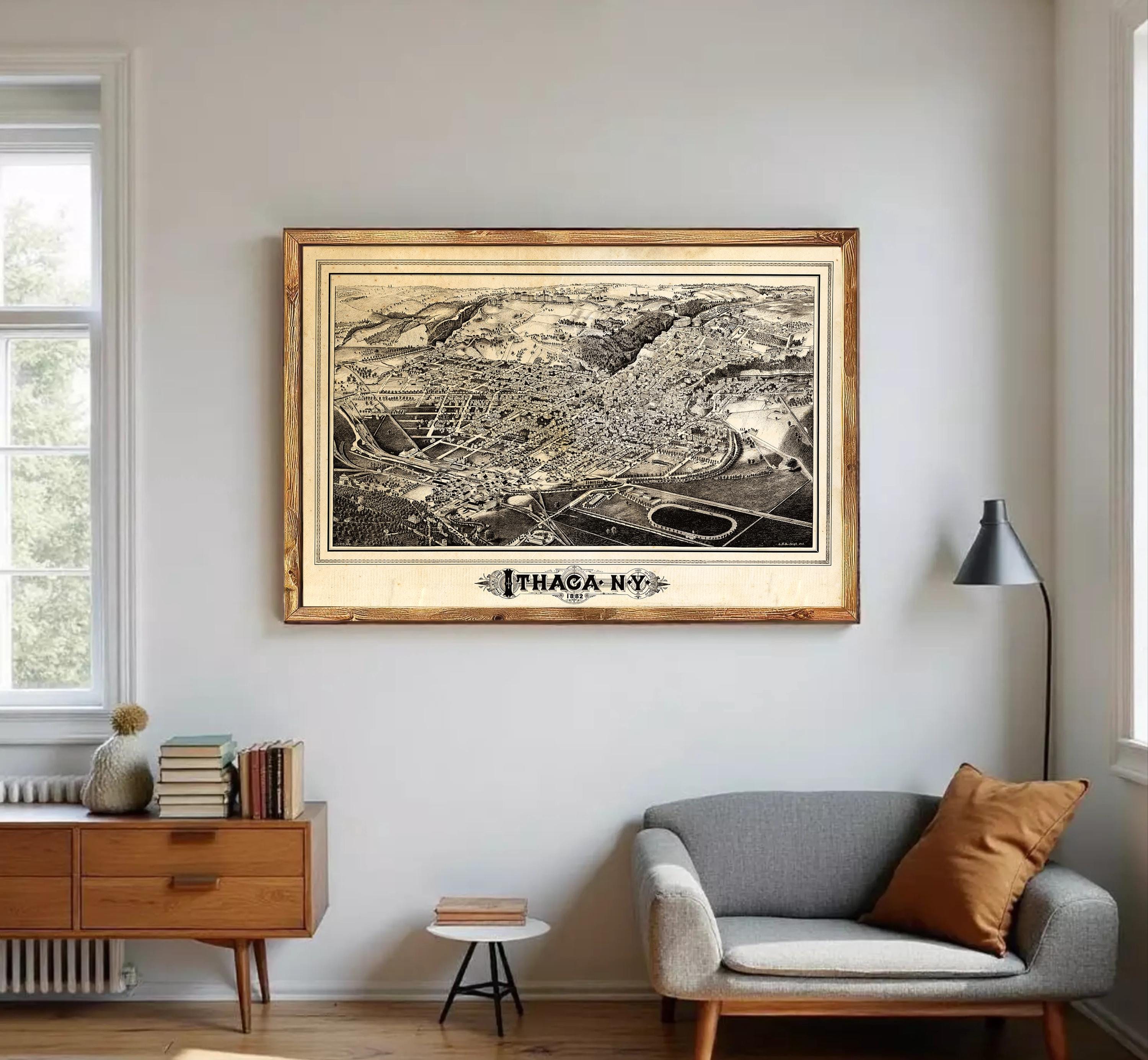 a large framed map of Thagetown, New York, hanging on a wall in a living room.