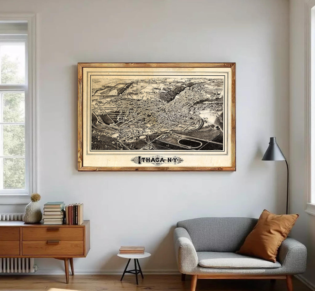 a large framed map of Thagetown, New York, hanging on a wall in a living room.