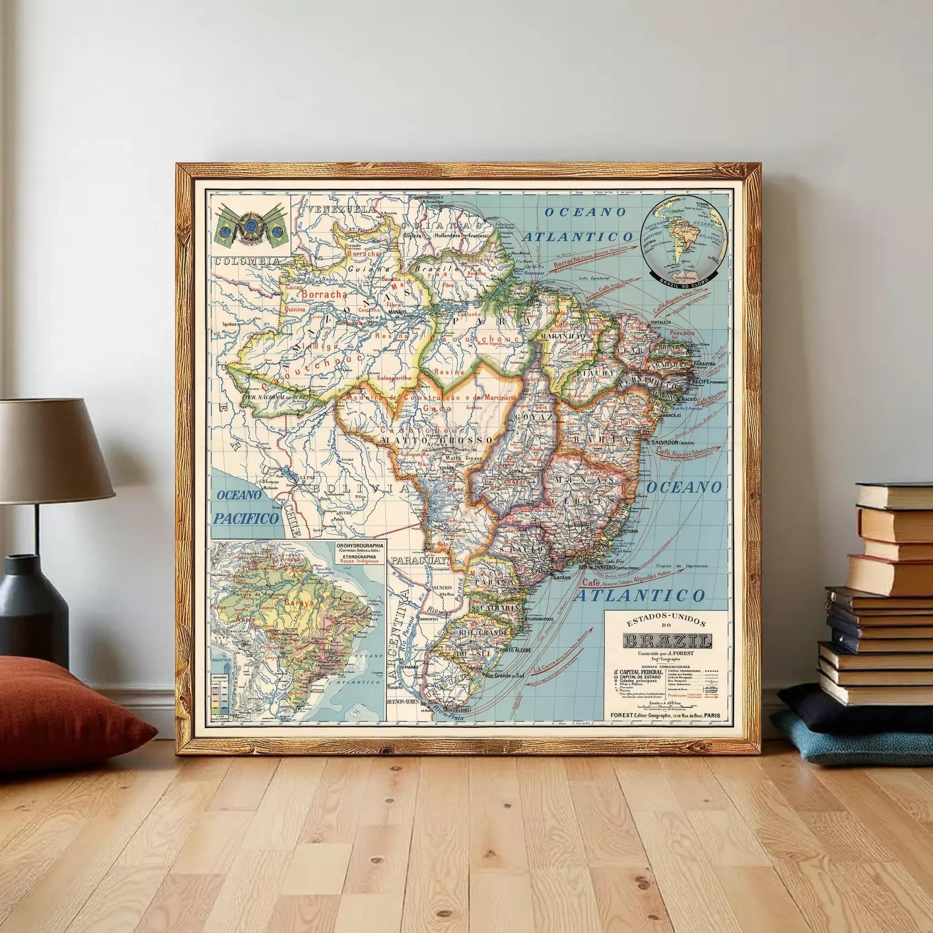 The image is a framed vintage map of Brazil, showing the country's geographical layout and surrounding regions.
