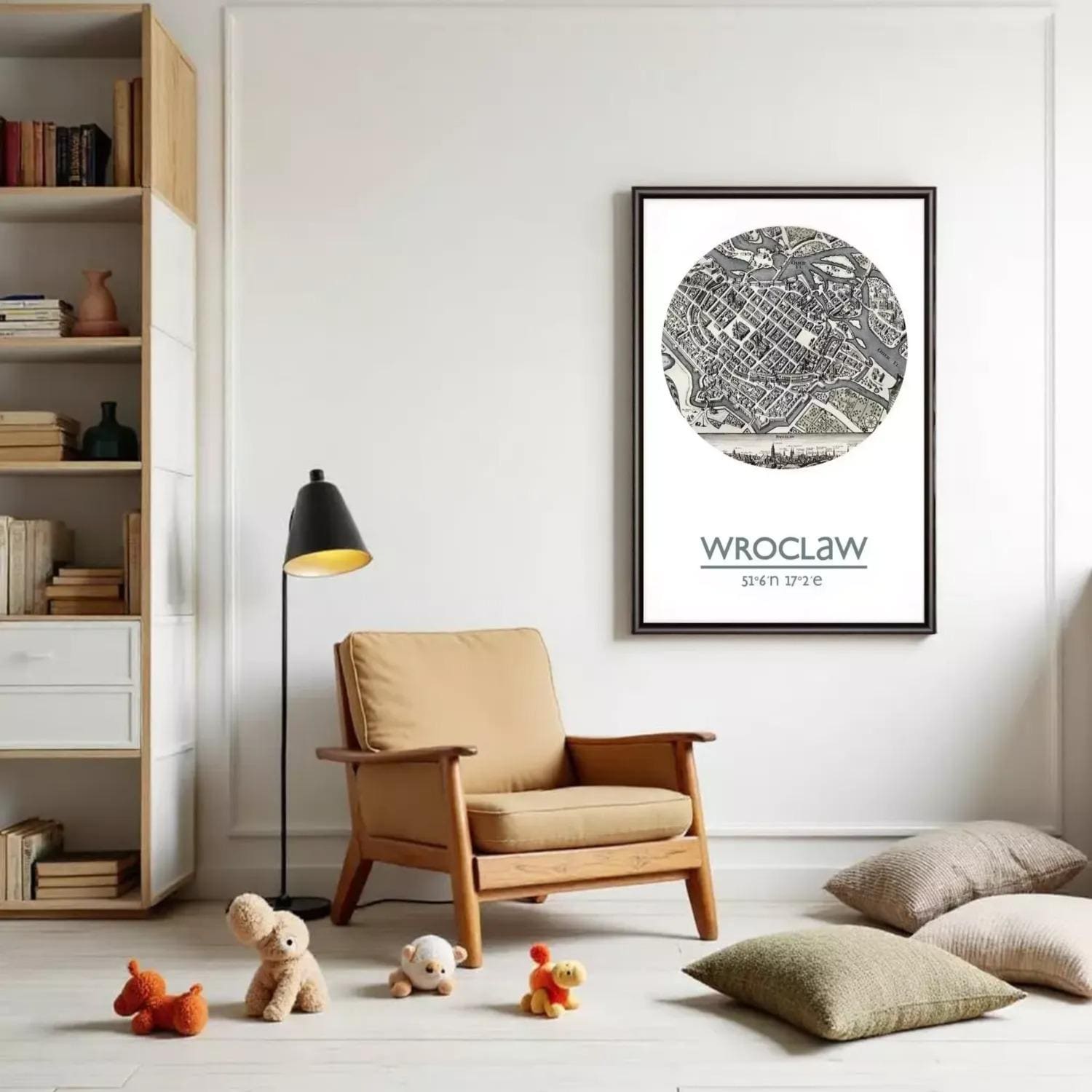 a cozy living room with a wooden chair, a lamp, and a framed map of Wrocław, Poland, which is the capital city of Poland. The room also contains a bookshelf filled with books and various knick-knacks, as well as a collection of stuffed animals.