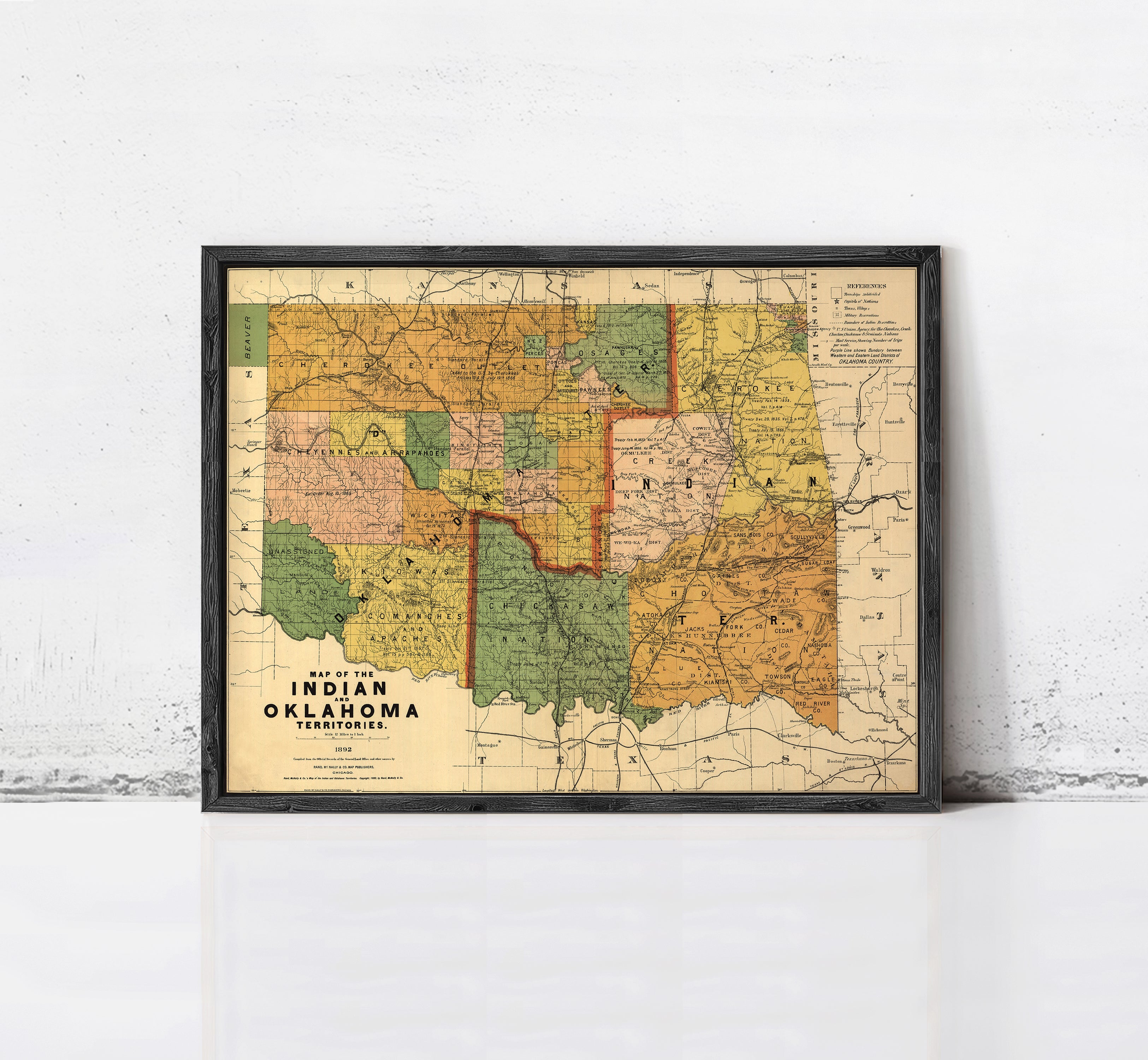 The image is a framed vintage map of the Indian reservations in Oklahoma, depicting the state's tribal lands and boundaries.