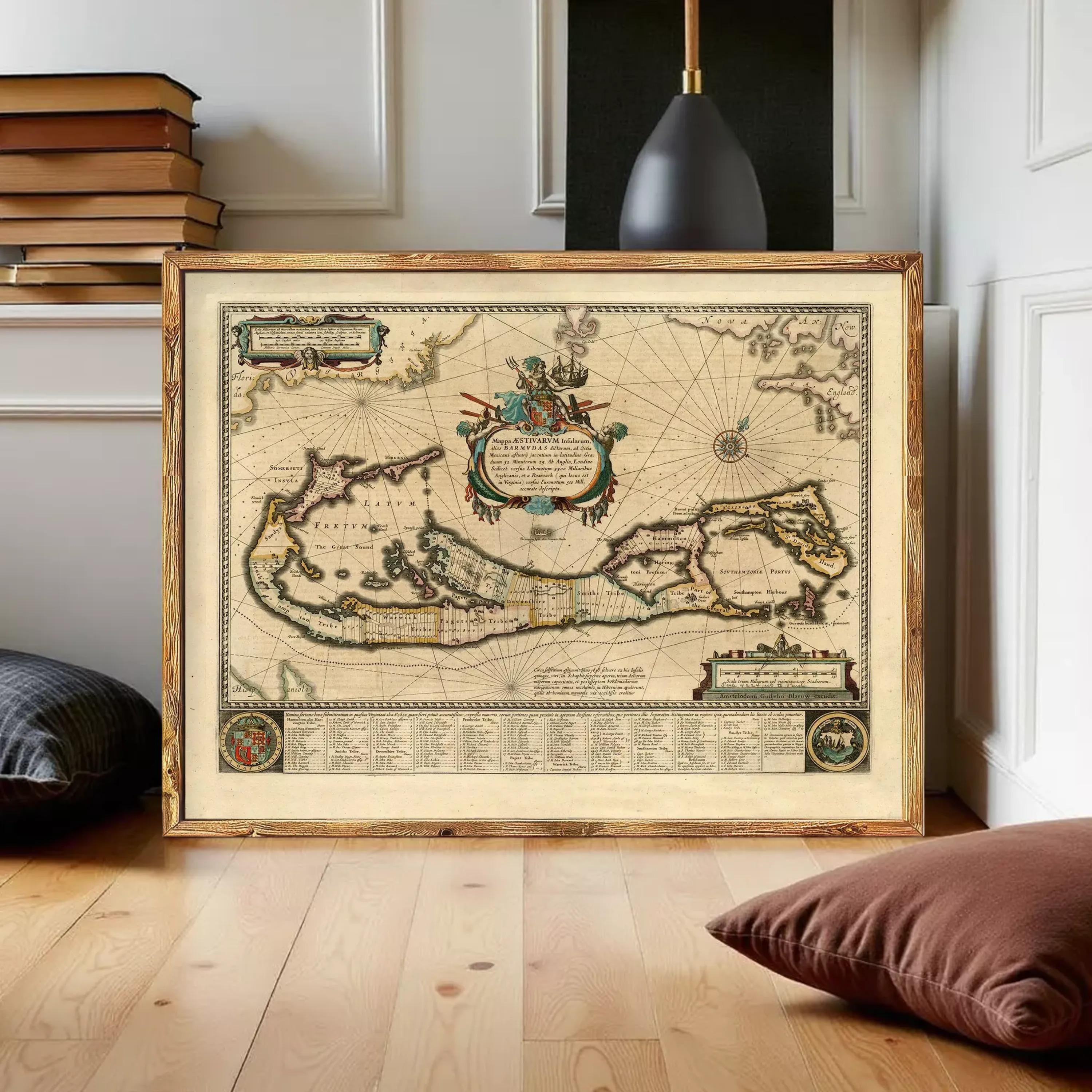 The image is a framed antique map of the Caribbean, featuring intricate details and a decorative border.