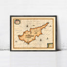 The image is a framed vintage map of the island of Cyprus, depicting the country's geographical layout and surrounding areas.