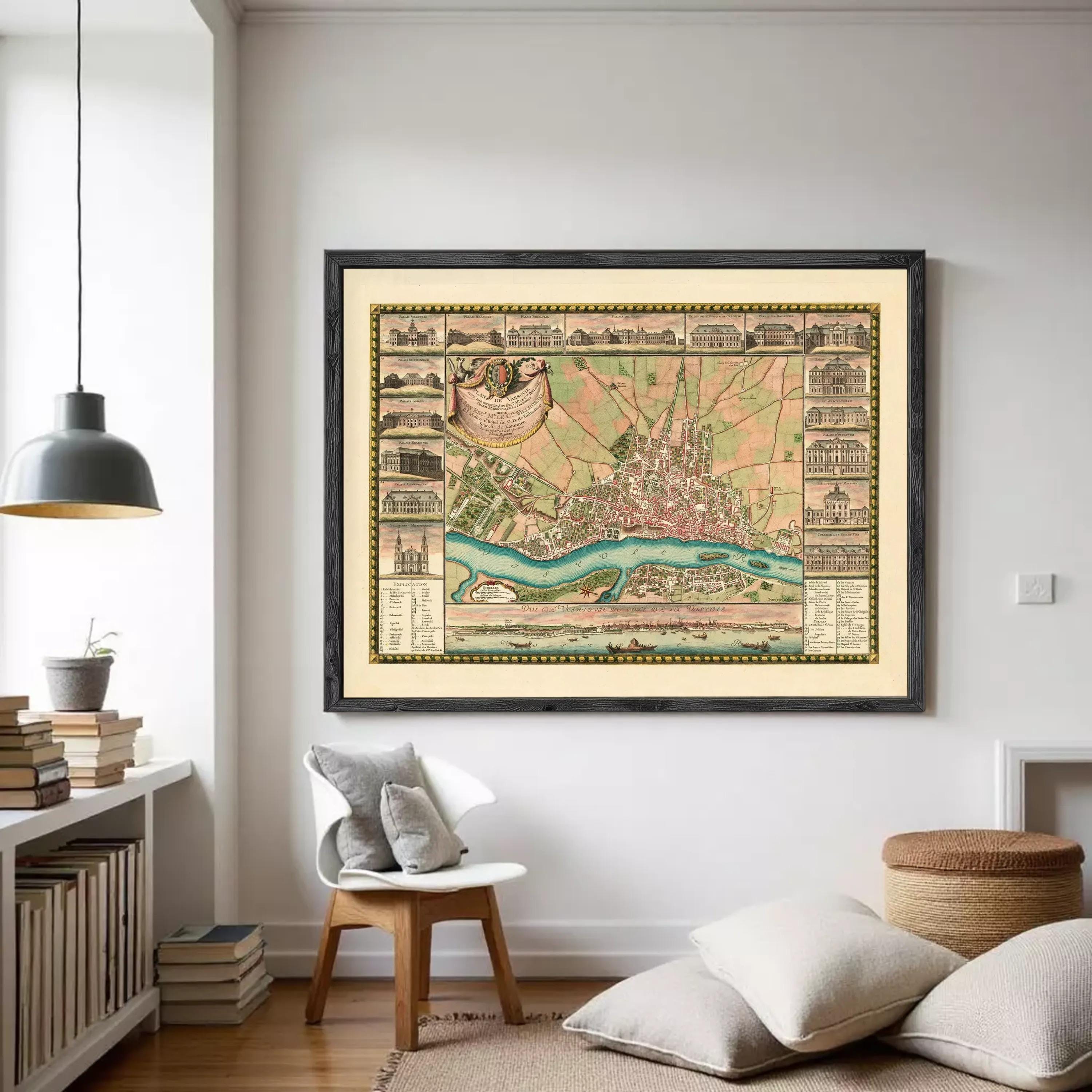 The image is a framed vintage map of a city, depicting various landmarks and buildings in a detailed and intricate manner.