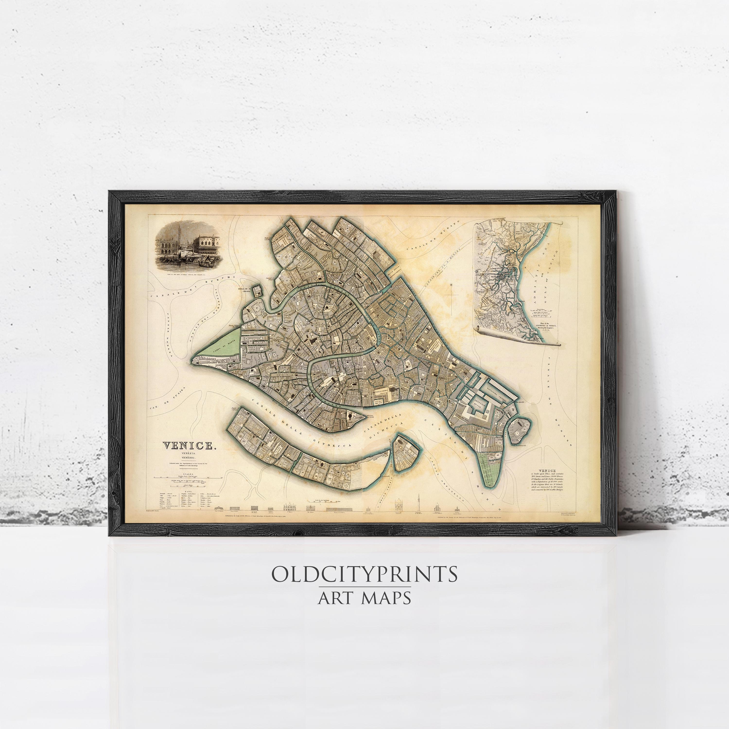 The image is a framed vintage map of Venice, Italy, depicting the city's streets and waterways.
