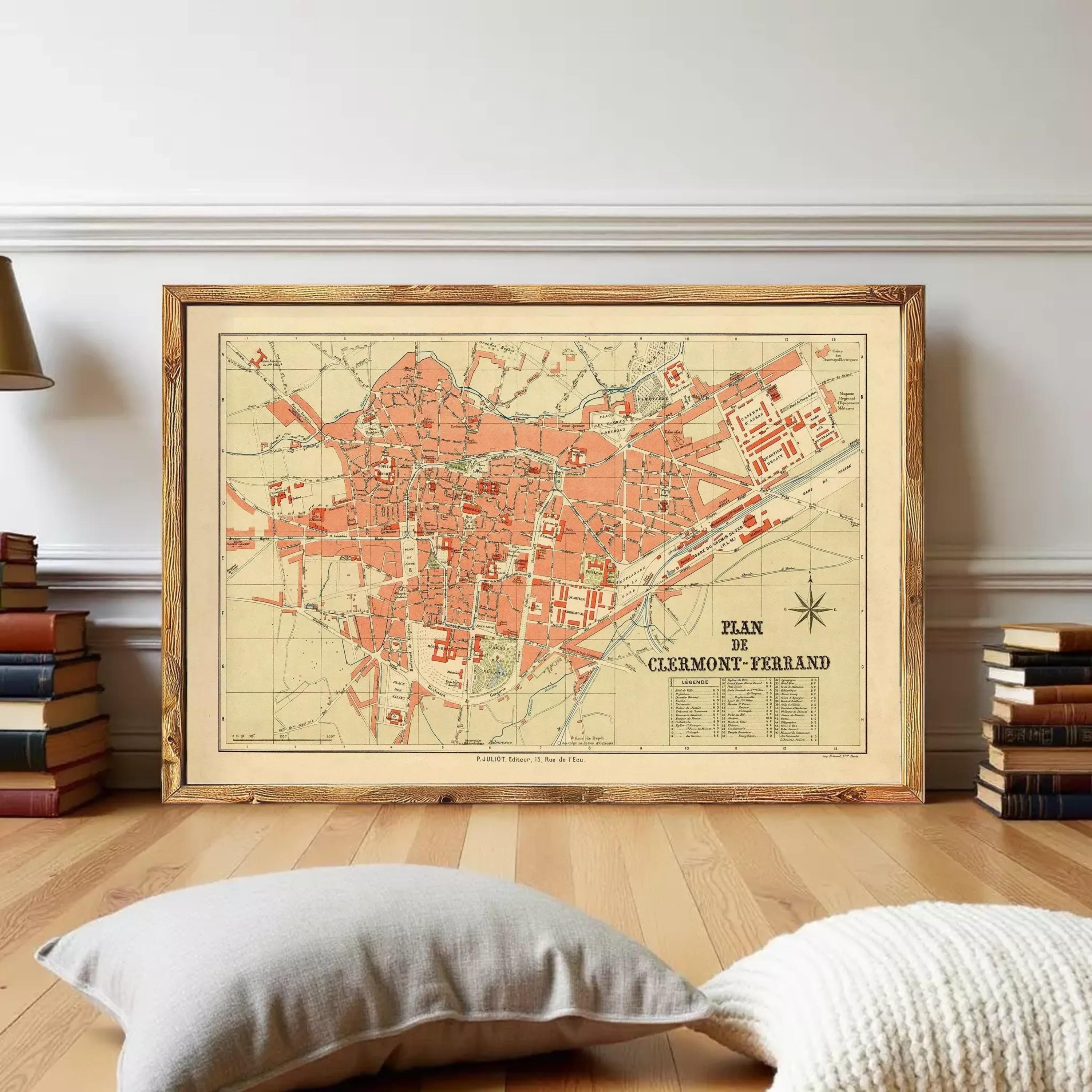 The image is a framed vintage map ofCLEMONT-FERBAND, France, depicting the city's layout and surrounding areas.